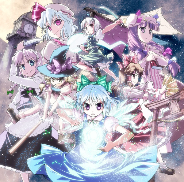 flipflops (artist), takahata yuki, cirno, hakurei reimu, izayoi sakuya, kirisame marisa, konpaku youmu, konpaku youmu (ghost), patchouli knowledge, remilia scarlet, touhou, 6+girls, blonde hair, broom, broom riding, clock, clock tower, everyone, female focus, full moon, hat, ice, ice wings, knife, moon, multiple girls, odd one out, ofuda, torii, tower, wings, witch hat