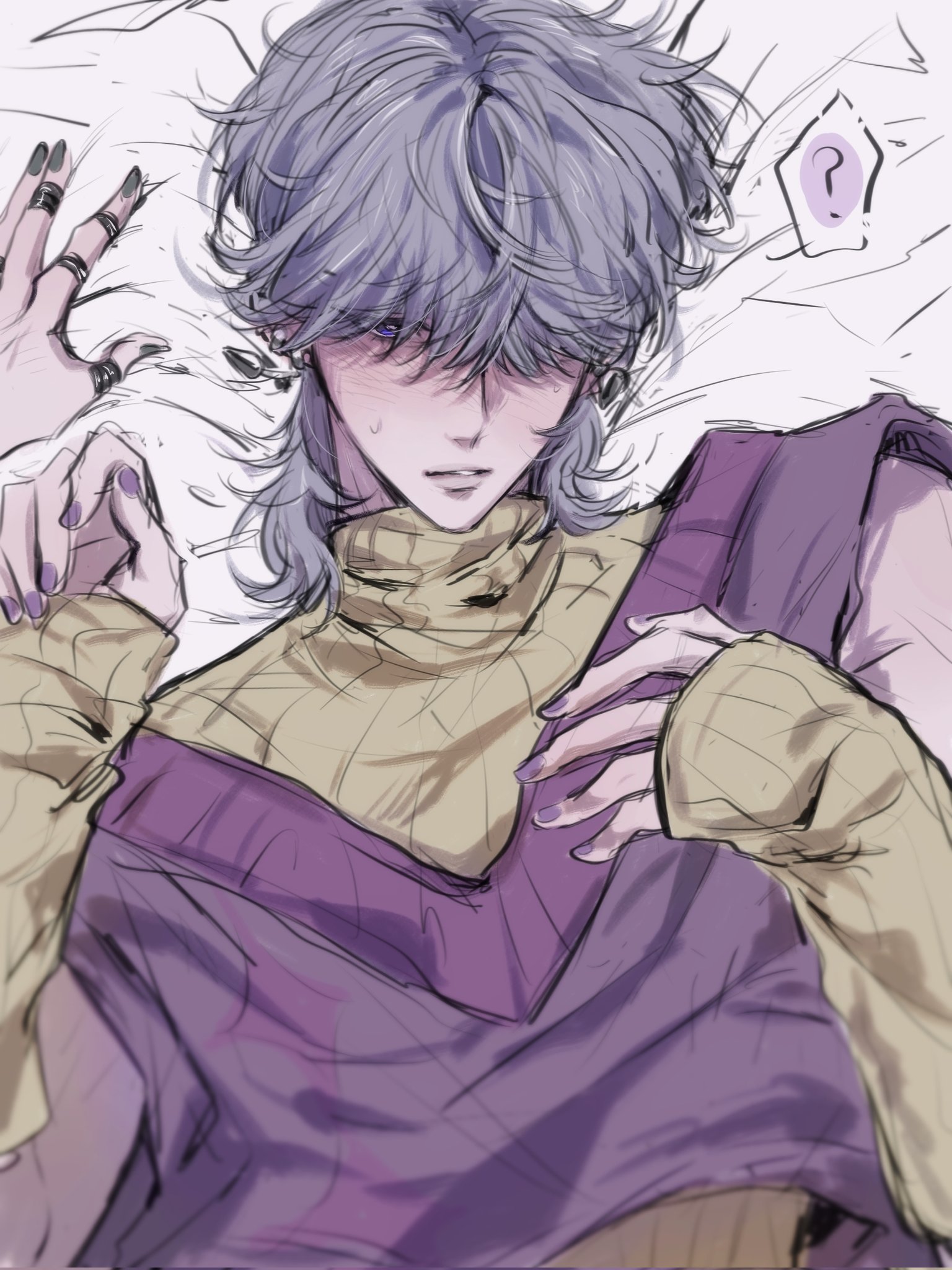 1008 redd, mystery (kpop demon hunter), kpop demon hunters, 1boy, blush, hair over one eye, looking at viewer, pov, purple eyes, purple hair, purple nails, sleeveless, sleeveless turtleneck, turtleneck