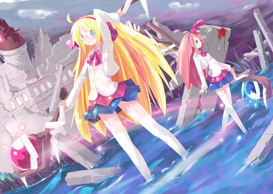 shiba yuusuke, original, blonde hair, blue eyes, fantasy, hairband, legs, long hair, orange hair, pink hair, polyzm, red hair, skirt, thighhighs, water