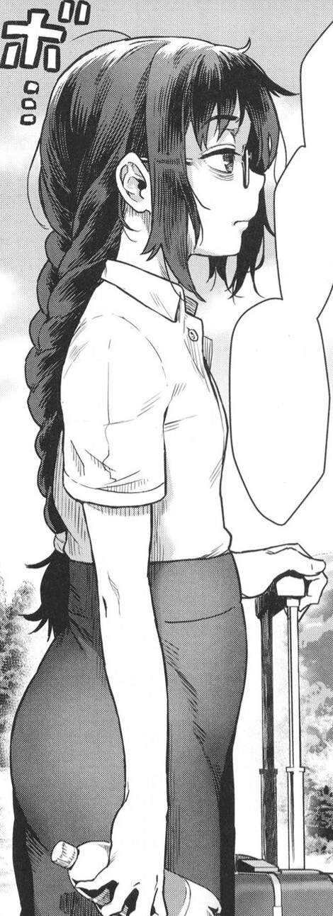 kirishima reiko (shounen ga otona ni natta natsu), shounen ga otona ni natta natsu, bags under eyes, black hair, bottle, braid, breasts, glasses, manga illustration, messy hair, monochrome, profile, skirt, small breasts, tired eyes