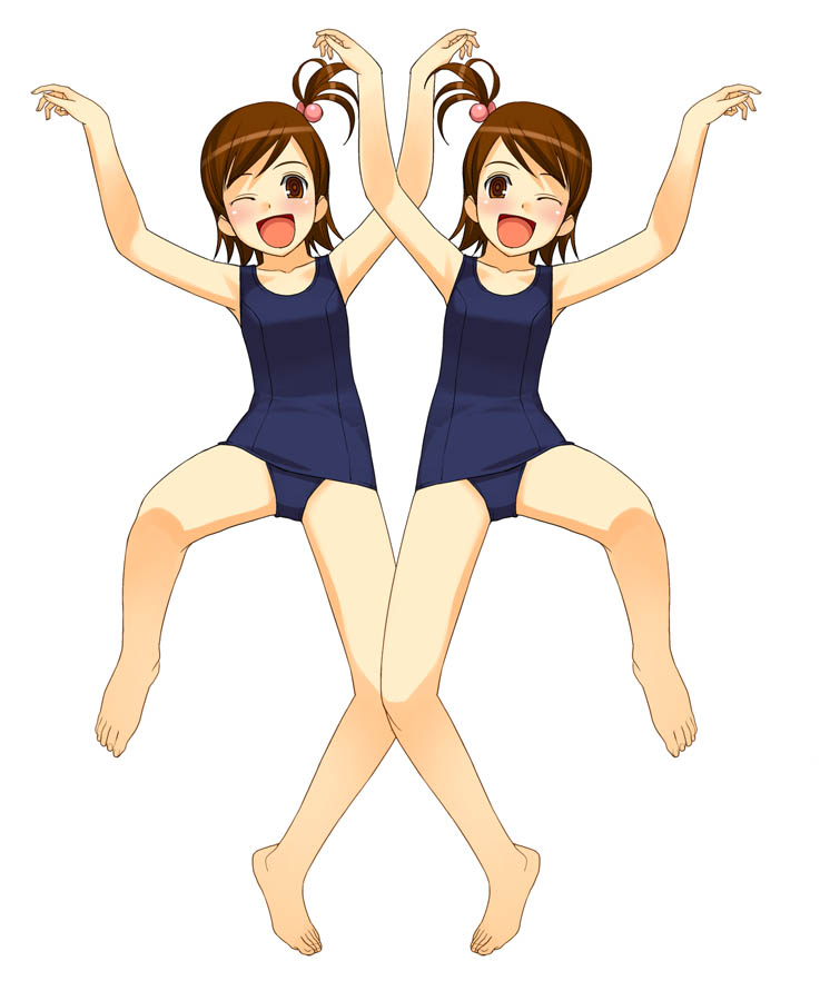 a1 (initial-g), futami ami, futami mami, idolmaster, idolmaster (classic), idolmaster 1, 00s, 2girls, barefoot, feet, legs, multiple girls, one-piece swimsuit, ponytail, school swimsuit, short ponytail, siblings, side ponytail, sisters, swimsuit, twins