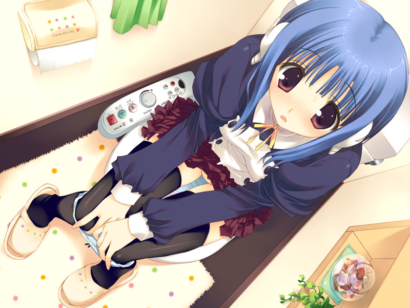 mitsumi misato, ilfa (to heart), to heart (series), to heart 2, to heart 2 xrated, game cg, 00s, 1girl, black thighhighs, blush, female focus, panties, panty pull, robot ears, skirt, solo, thighhighs, toilet, toilet use, underwear, zettai ryouiki