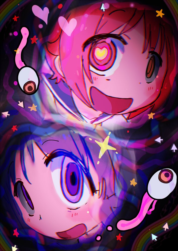 tatsunokosso, hinata yukari, nonohara yuzuko, yuyushiki, 2girls, cursor, eyeball, heart, heart-shaped pupils, looking at viewer, multiple girls, open mouth, pink eyes, pink hair, purple eyes, purple hair, sparkle, star (symbol), symbol-shaped pupils