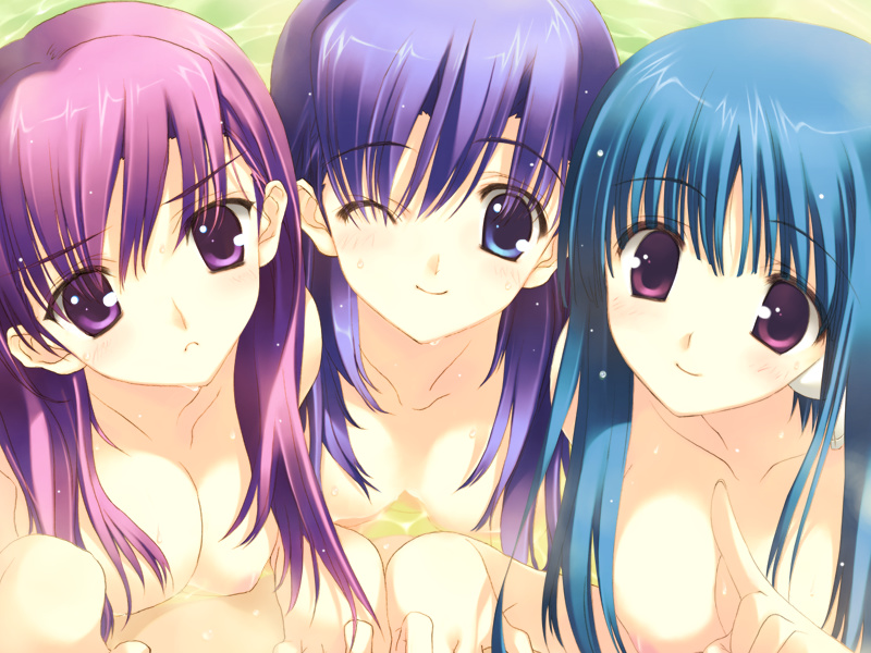 mitsumi misato, nakamura takeshi, himeyuri ruri, himeyuri sango, ilfa (to heart), to heart (series), to heart 2, to heart 2 xrated, game cg, 00s, 3girls, ;), alternate hairstyle, android, bath, bathing, blue eyes, blue hair, blush, breasts, caustics, frown, hair between eyes, hair down, happy, head tilt, index finger raised, light smile, lineup, looking at viewer, multiple girls, nipples, nude, one eye closed, partially submerged, purple eyes, purple hair, robot ears, same-sex bathing, shared bathing, siblings, sisters, smile, twins, upper body, water, wet