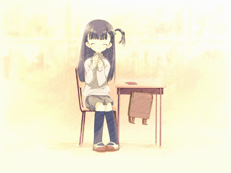 nakamura takeshi, kusakabe yuuki (to heart 2), to heart (series), to heart 2, to heart 2 xrated, game cg, 00s, 1girl, ^ ^, backpack, bag, black hair, blue socks, blunt bangs, blush, chair, closed eyes, desk, female focus, hair bobbles, hair ornament, kneehighs, long hair, long sleeves, notebook, randoseru, school desk, simple background, sitting, skirt, socks, solo, sweater, yellow background