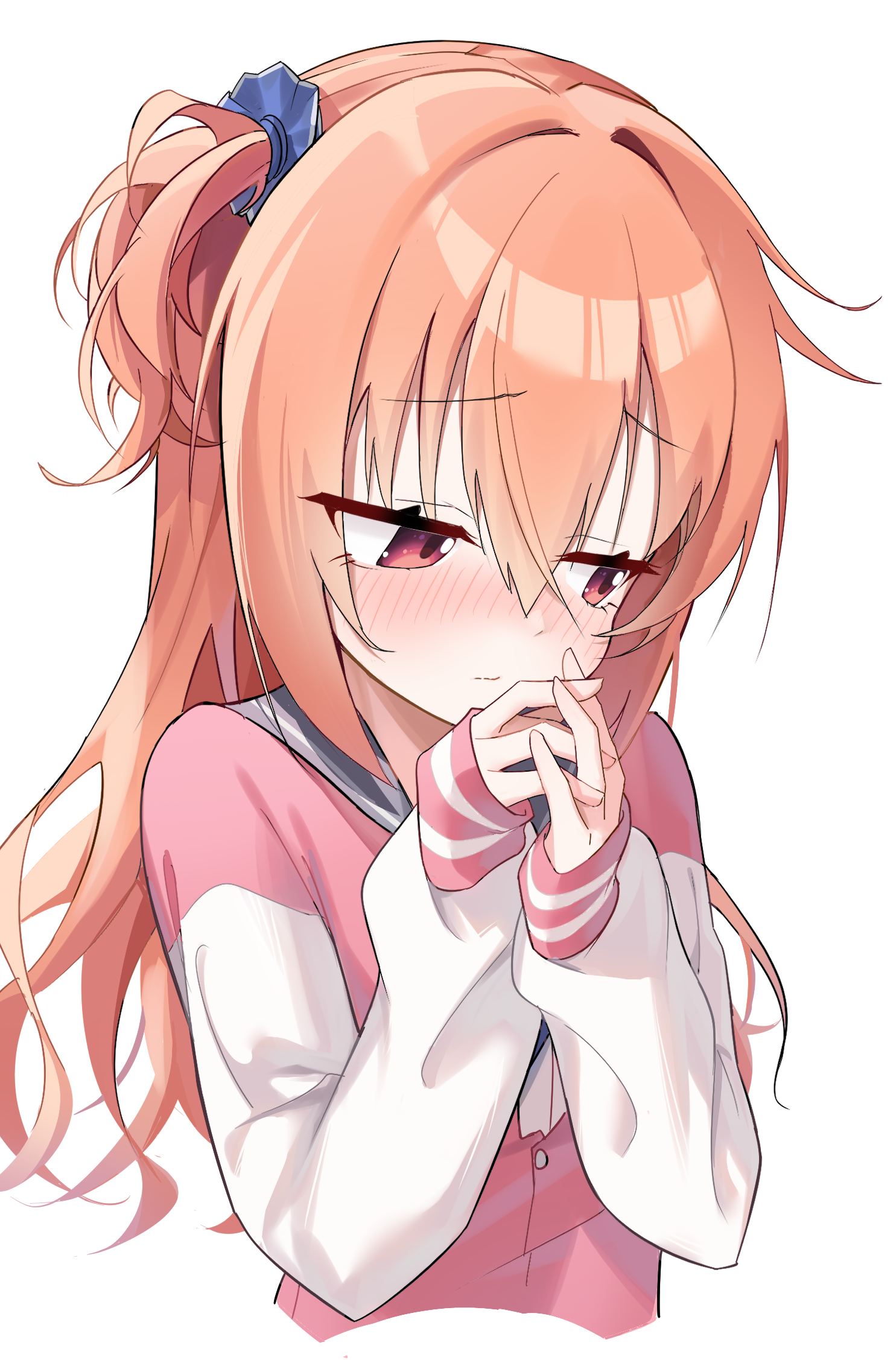 lcz, inaba meguru, sanoba witch, commentary, highres, symbol-only commentary, 1girl, averting eyes, blue scrunchie, blush, clenched hands, closed mouth, cropped torso, eyes visible through hair, fidgeting, furrowed brow, grey sailor collar, hair between eyes, hair intakes, hair ornament, hair scrunchie, hands up, interlocked fingers, jacket, letterman jacket, long hair, looking to the side, nose blush, one side up, orange hair, pink jacket, red eyes, sailor collar, school uniform, scrunchie, serafuku, shy, simple background, sleeves past wrists, solo, split mouth, upper body, white background, white sleeves