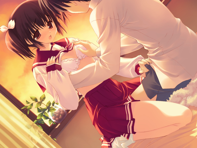 mitsumi misato, yuzuhara konomi, to heart (series), to heart 2, to heart 2 xrated, game cg, 00s, 1boy, 1girl, bra, breasts, grabbing another's breast, groping, hetero, lingerie, pleated skirt, school uniform, serafuku, shirt, skirt, underwear
