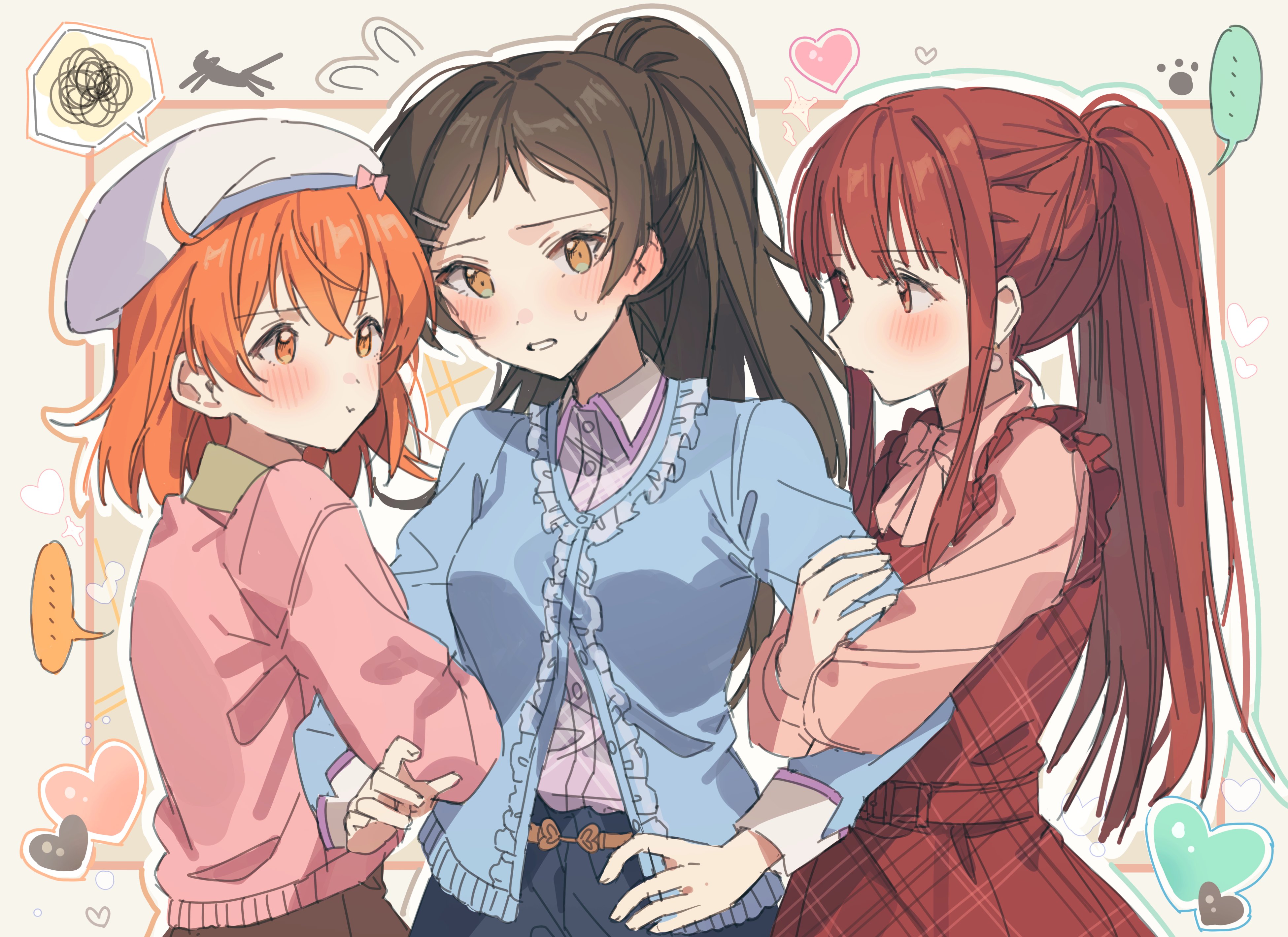 hano9789, kitazawa shiho, tanaka kotoha, yabuki kana, idolmaster, idolmaster million live!, absurdres, highres, …, 3girls, beret, blue shirt, blush, breasts, brown hair, closed mouth, dress, hat, heart, jealous, long hair, looking at another, multiple girls, orange hair, pink sweater, plaid clothes, plaid dress, ponytail, pout, red dress, red hair, shirt, short hair, speech bubble, spoken ellipsis, sweater, white hat, yuri