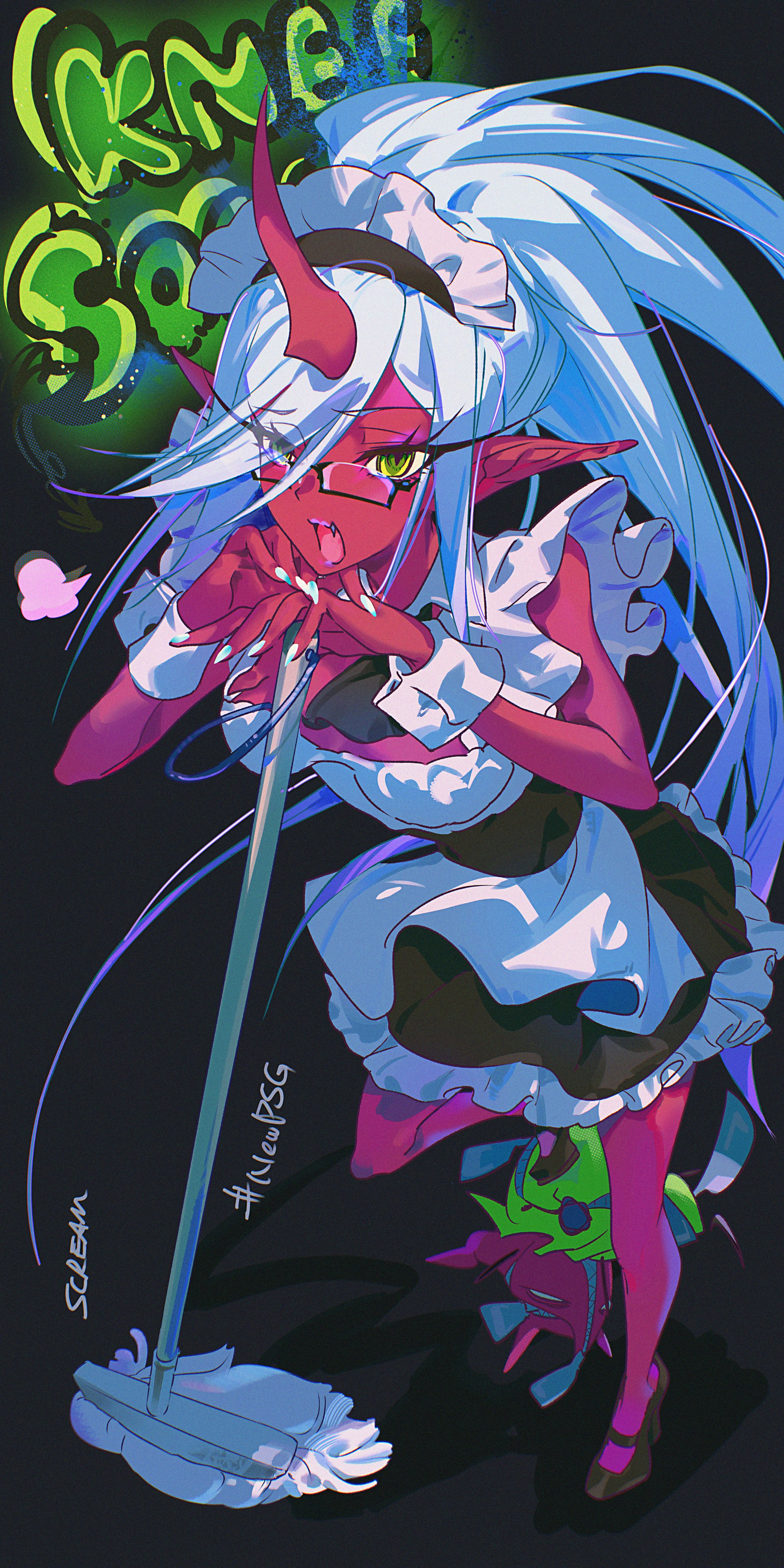 kumano iroha, chuck (psg), fastener (psg), kneesocks (psg), panty & stocking with garterbelt, absurdres, highres, 1girl, alternate costume, apron, blue hair, blush, bow, breasts, character name, colored skin, demon girl, dress, enmaided, fang, flipped bangs, frilled apron, frills, glasses, green eyes, holding, holding mop, horns, large breasts, long hair, looking at viewer, maid, maid apron, maid headdress, medium breasts, mop, open mouth, pointy ears, ponytail, red skin, simple background, single horn, skirt, smile, solo focus, thighhighs, waist apron, white apron, yellow eyes
