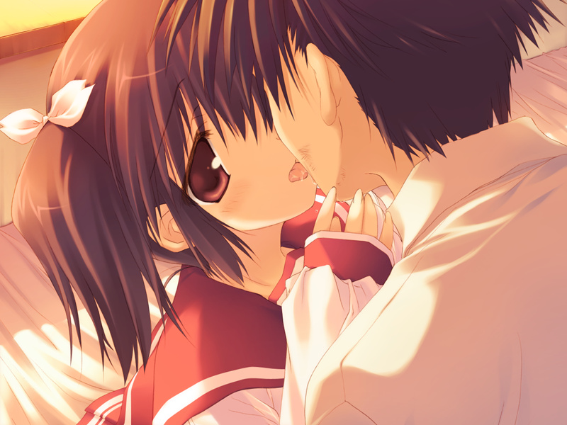 mitsumi misato, yuzuhara konomi, to heart (series), to heart 2, to heart 2 xrated, game cg, 00s, 1boy, 1girl, bow, brown eyes, brown hair, french kiss, hair bow, hand on another's cheek, hand on another's face, hetero, kiss, saliva, school uniform, serafuku, short hair, twintails
