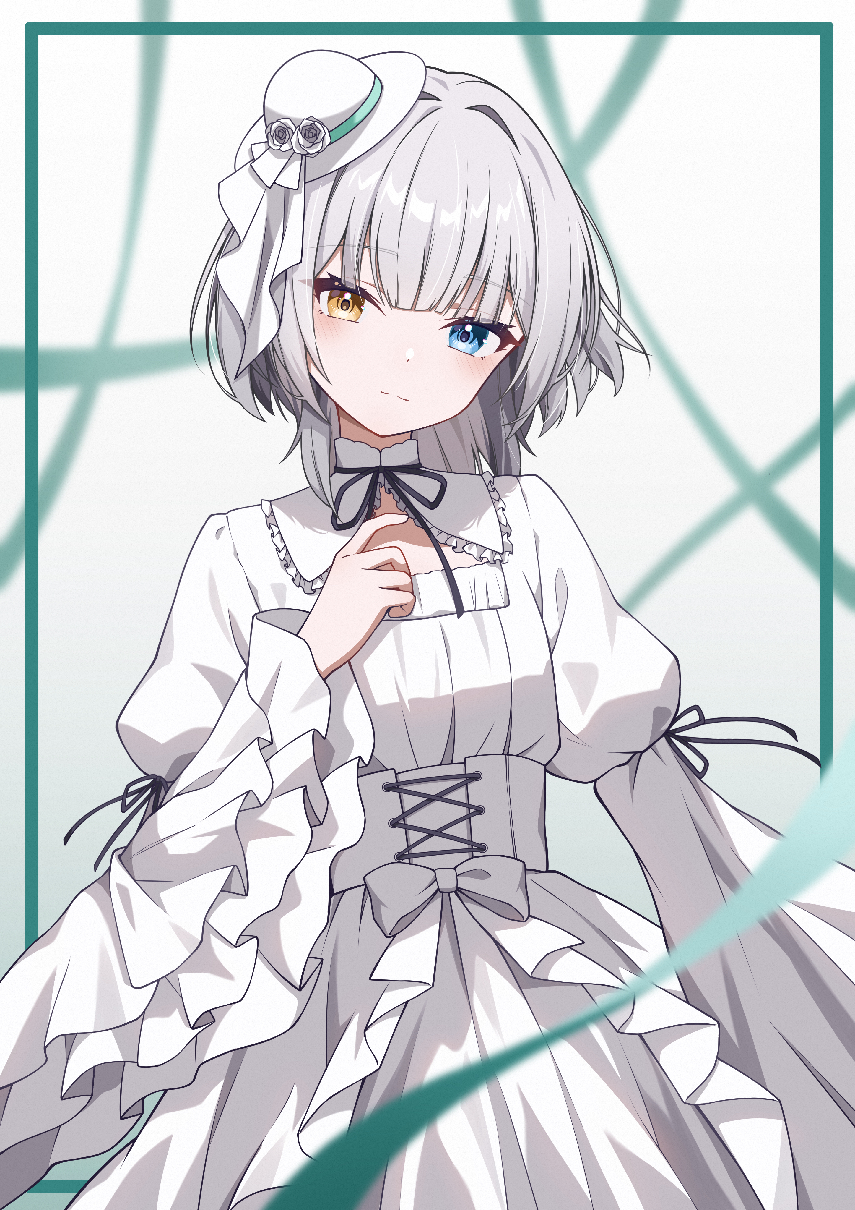 setsuna 0430, kaname raana, bang dream!, bang dream! it's mygo!!!!!, absurdres, chinese commentary, commentary request, highres, 1girl, black ribbon, blue eyes, closed mouth, corset, dress, hat, heterochromia, long sleeves, looking at viewer, medium hair, mini hat, neck ribbon, ribbon, solo, white corset, white dress, white hair, white hat, wolf cut, yellow eyes