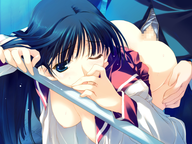 nakamura takeshi, kusakabe yuuki (to heart 2), to heart, to heart (series), to heart 2, to heart 2 xrated, game cg, 00s, 1girl, against railing, bent over, blue eyes, blue hair, breasts, censored, clothes lift, covering own mouth, doggystyle, hand over mouth, hand over own mouth, hanging breasts, long hair, long sleeves, medium breasts, mosaic censoring, nipples, no bra, open clothes, open fly, open shirt, penis, railing, school uniform, serafuku, sex, sex from behind, shirt, skirt, skirt lift, solo focus, vaginal, wince
