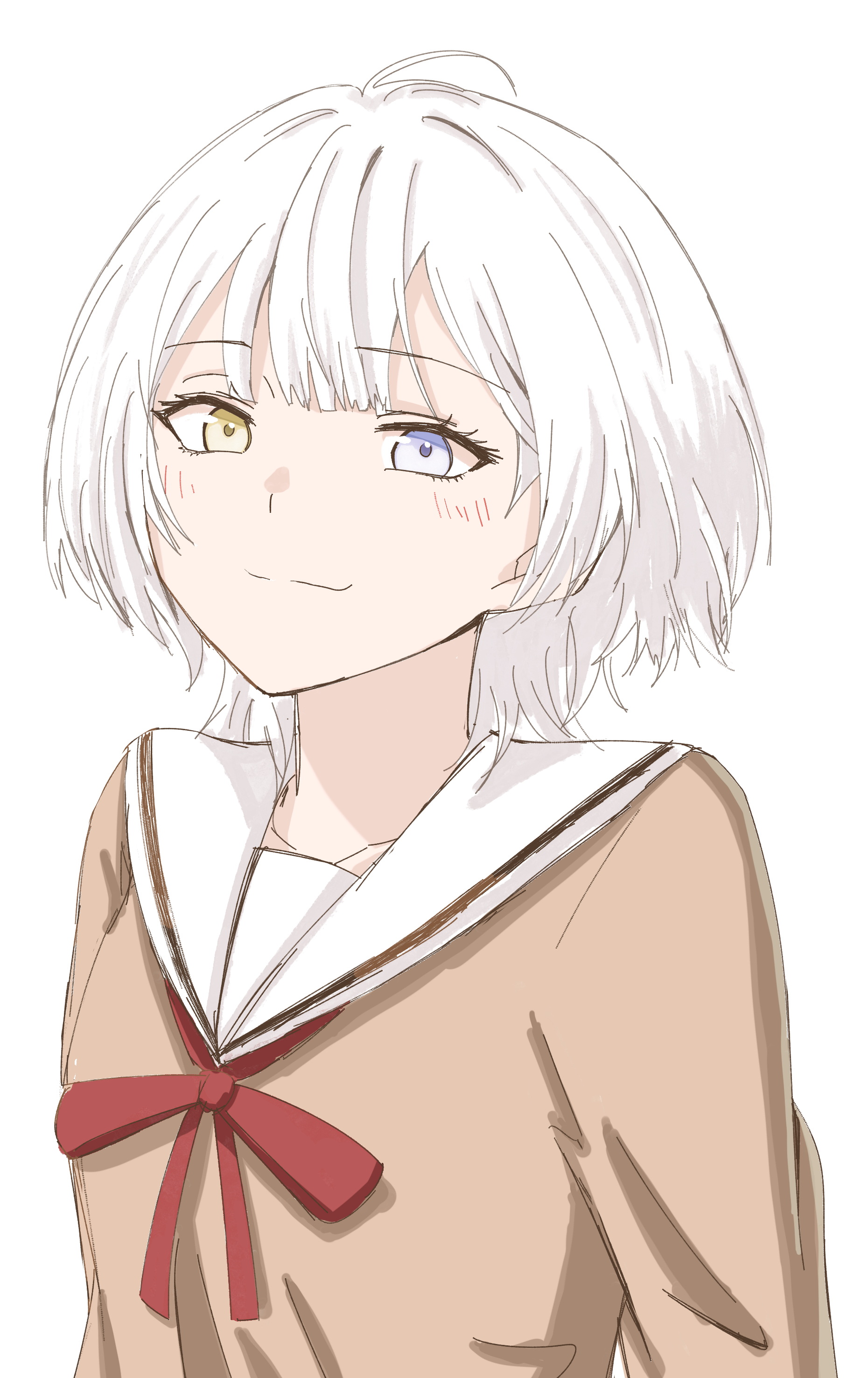 tach.s, kaname raana, bang dream!, bang dream! it's mygo!!!!!, absurdres, commentary request, highres, 1girl, blue eyes, blush, brown shirt, cowboy shot, hanasakigawa school uniform, heterochromia, looking at viewer, medium hair, neck ribbon, red ribbon, ribbon, sailor collar, school uniform, shirt, simple background, solo, white background, white hair, white sailor collar, wolf cut, yellow eyes