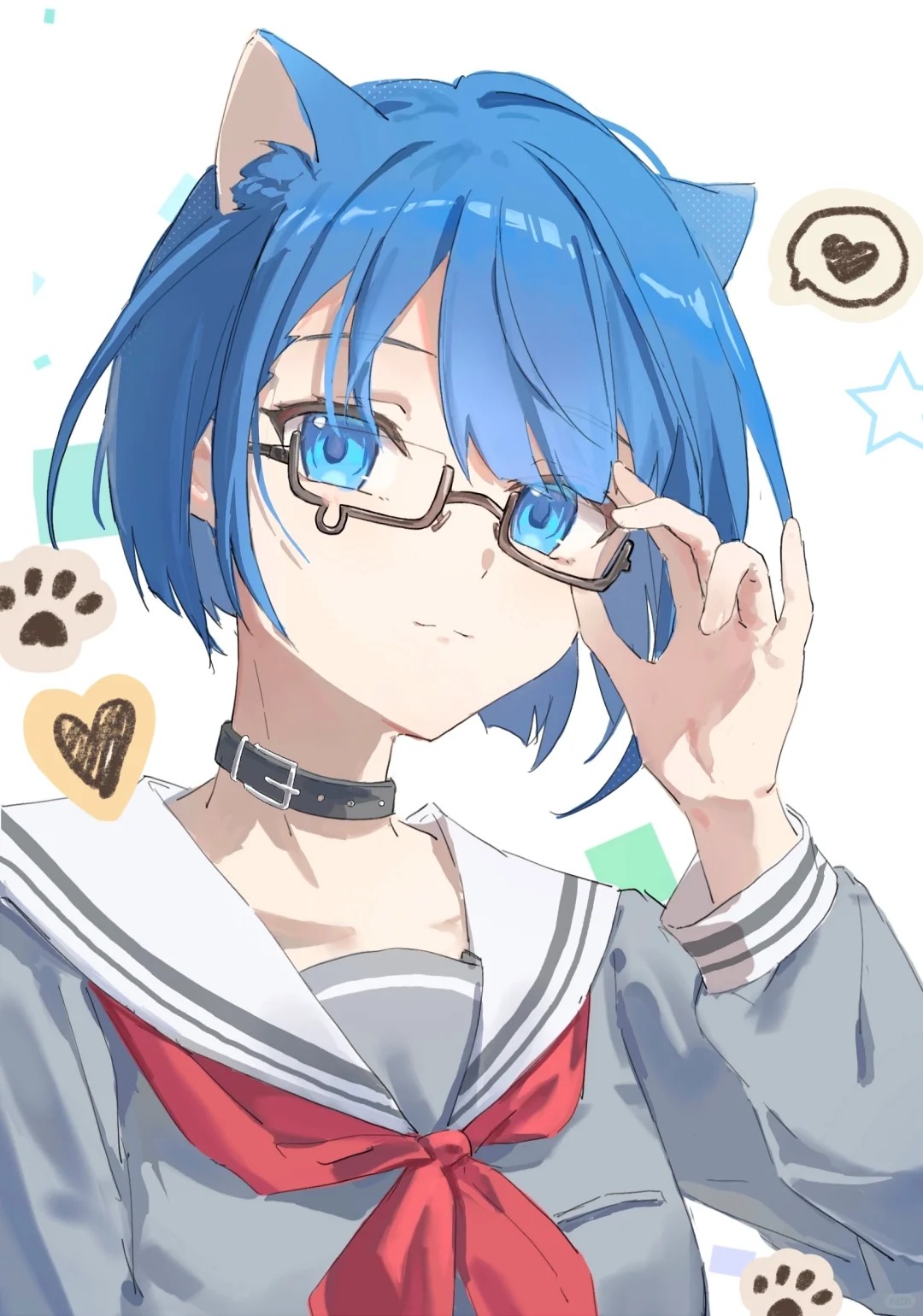 kafuuchino (chouti), kiritani haruka, project sekai, commentary, highres, 1girl, animal ear fluff, animal ears, black choker, blue eyes, blue hair, cat ears, cat girl, choker, glasses, grey shirt, heart, kemonomimi mode, long sleeves, miyamasuzaka girls' academy school uniform, neckerchief, red neckerchief, sailor collar, school uniform, semi-rimless eyewear, shirt, short hair, solo, spoken heart, under-rim eyewear, upper body, white sailor collar