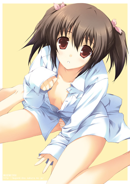 tomose shunsaku, yuzuhara konomi, to heart (series), to heart 2, 00s, 1girl, barefoot, bottomless, brown eyes, brown hair, dress shirt, female focus, flower, hair flower, hair ornament, hair ribbon, no pants, open clothes, open shirt, orange panties, panties, ribbon, shirt, short hair, short twintails, simple background, sitting, solo, spread legs, striped clothes, striped panties, twintails, underwear