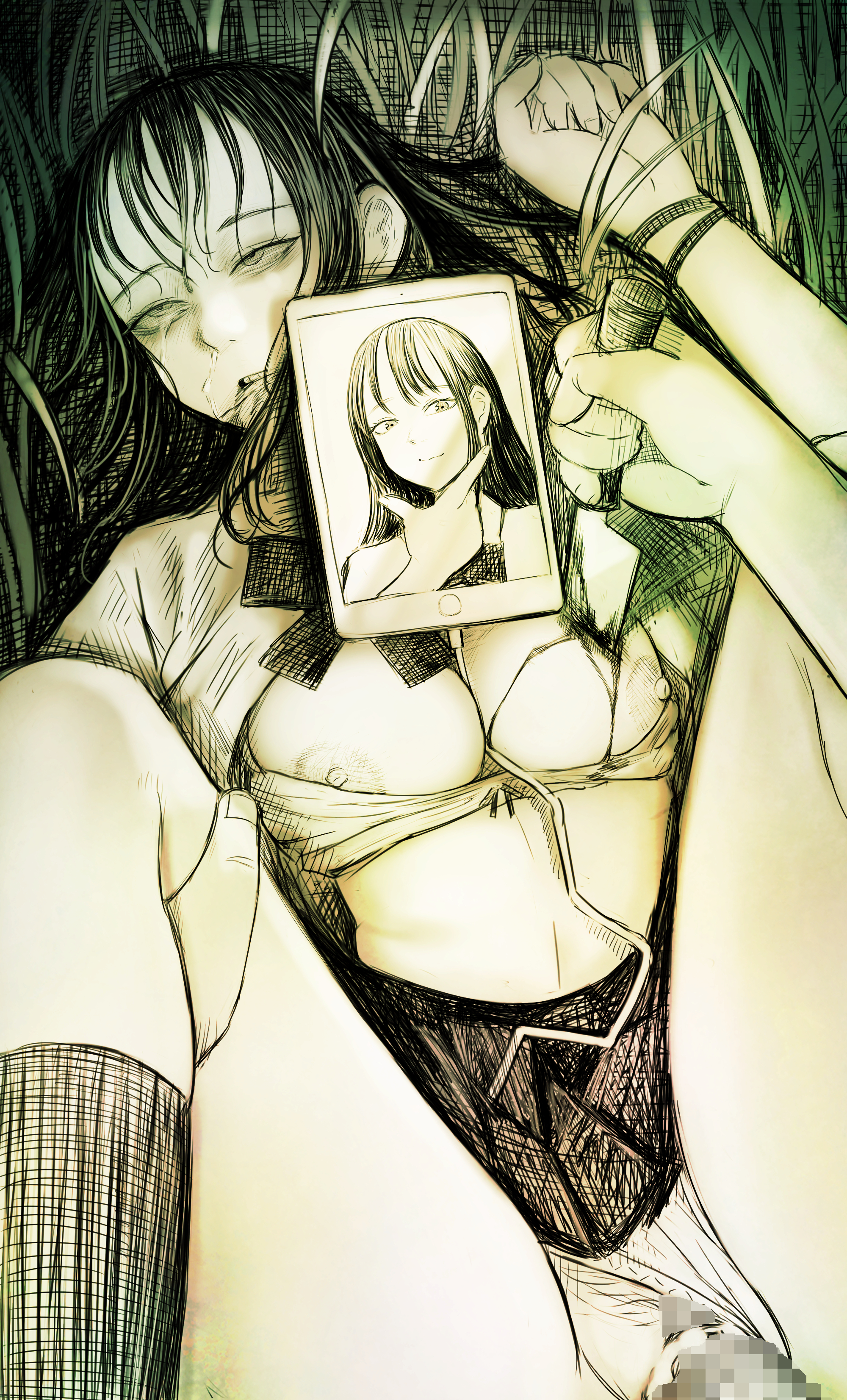 disorder!, original, absurdres, commentary request, highres, 1boy, 1girl, bra, bra pull, breasts, cable, censored, clothes pull, corpse, hetero, kneehighs, knife, large breasts, long hair, monochrome, mosaic censoring, murder, necrophilia, nipples, open mouth, sex, sidelocks, skirt, socks, stab, tablet pc, underwear