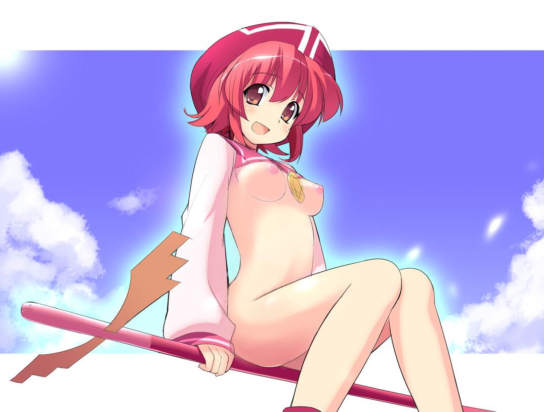 sikorsky, behoimi, pani poni dash!, nude filter, third-party edit, 00s, 1girl, breasts, day, female focus, hat, medium breasts, nipples, nude, red eyes, red hair, sitting, sky, solo, staff