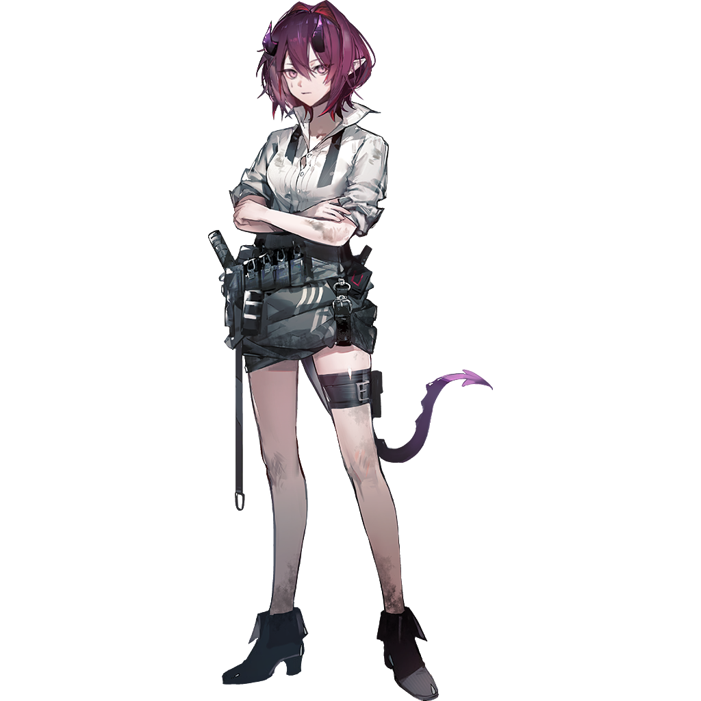 ascalon (arknights), ascalon (young) (arknights), arknights, official art, third-party source, 1girl, aged down, androgynous, crossed arms, demon girl, demon horns, demon tail, full body, hair intakes, horns, legs apart, looking at viewer, official alternate costume, pink eyes, pink hair, pointy ears, pouch, purple hair, shirt, short hair, simple background, solo, standing, tachi-e, tail, thigh pouch, thigh strap, transparent background, white shirt