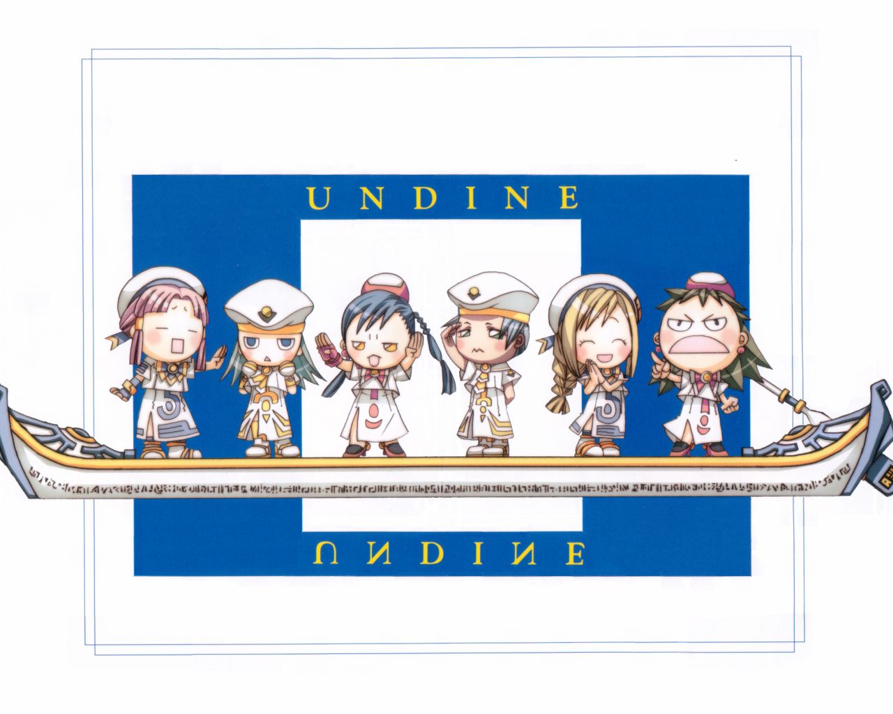 amano kozue, aika granzchesta, akira ferrari, alice carroll, alicia florence, athena glory, mizunashi akari, aria (manga), jpeg artifacts, 00s, 6+girls, :3, angry, arm behind back, beret, blonde hair, blouse, blue hair, blush, boots, bow, braid, brown hair, chibi, chibi only, closed eyes, dark-skinned female, dark skin, earrings, full body, gloves, gondola, green hair, grey hair, hat, jewelry, long hair, multiple girls, open mouth, outstretched hand, pink hair, pointing, reaching, shirt, shoes, short hair, side slit, sidelocks, single braid, single glove, smile, standing, twin braids, very long hair, white shirt