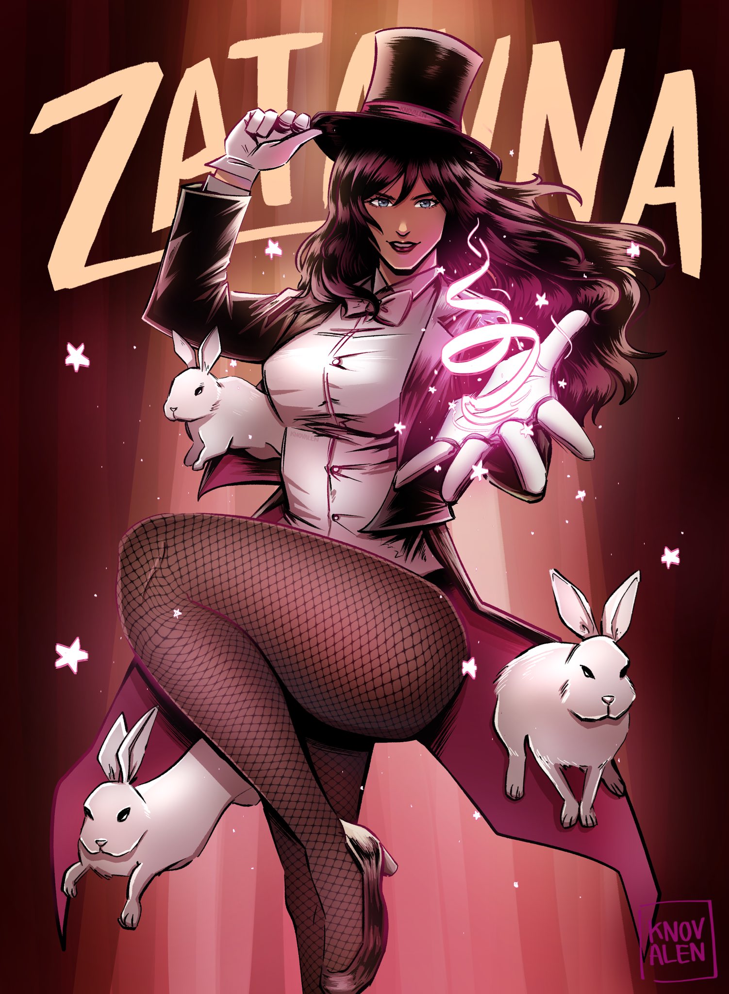 zatanna zatara, dc comics, commentary, english commentary, highres, 1girl, animal, artist name, black cape, black hair, black hat, black jacket, blue eyes, bow, bowtie, cape, character name, fishnet pantyhose, fishnets, gloves, grin, hat, jacket, knovalenz, long hair, looking at viewer, magic, magician, pantyhose, rabbit, shirt, smile, top hat, white gloves, white shirt