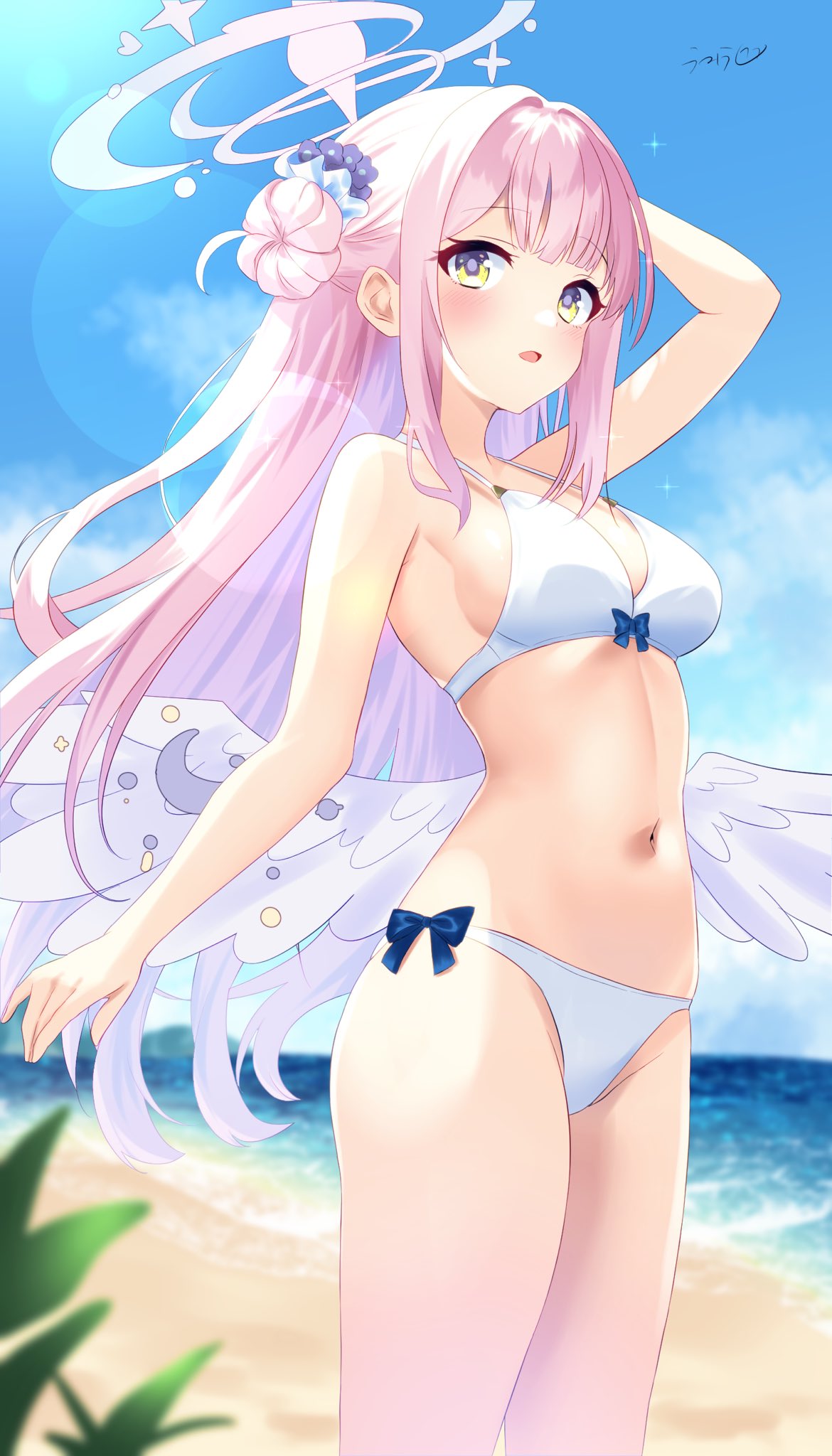 umiusea, mika (blue archive), blue archive, highres, 1girl, alternate costume, angel wings, arm up, bare shoulders, bikini, breasts, feathered wings, hair bun, halo, long hair, low wings, medium breasts, navel, open mouth, pink hair, pink halo, single hair bun, single side bun, solo, stomach, swimsuit, very long hair, white bikini, white wings, wings, yellow eyes