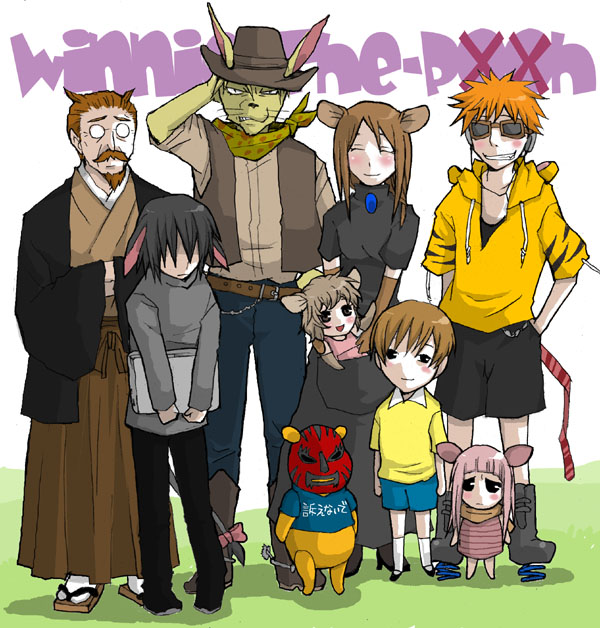 christopher robin, eeyore, kanga, owl (winnie the pooh), piglet (winnie the pooh), pooh, rabbit (winnie the pooh), roo, tigger, disney, winnie the pooh, translated, 3girls, 6+boys, animification, child, cowboy, cowboy hat, cowboy western, everyone, faceless, faceless male, hat, japanese clothes, mask, multiple boys, multiple girls, parody, personification, western