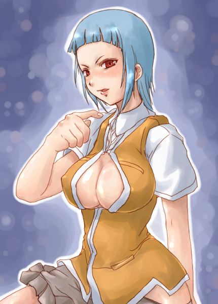 houri shinji, miyu greer, my-hime, 00s, 1girl, blue hair, blush, breasts, cleavage, cleavage cutout, clothes pull, clothing cutout, covered erect nipples, female focus, large breasts, nipple slip, nipples, no bra, no panties, orange shirt, pointing, red eyes, school uniform, serafuku, shirt, short hair, skirt, skirt pull, smile, solo, vest