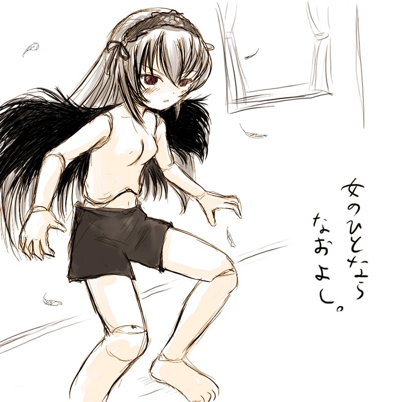 yuuichi (tareme paradise), suigintou, rozen maiden, silver hair, 00s, barefoot, doll joints, feathers, hair between eyes, joints, red eyes, shorts, simple background, sketch, solo, topless female, white background, wings