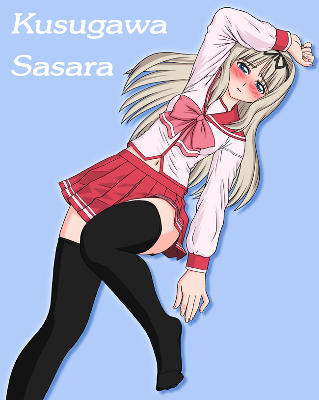 tofu juuji, kusugawa sasara, to heart (series), to heart 2, 00s, 1girl, arm over head, blonde hair, blush, character name, female focus, grey eyes, lying, on back, pleated skirt, school uniform, serafuku, skirt, solo, thighhighs