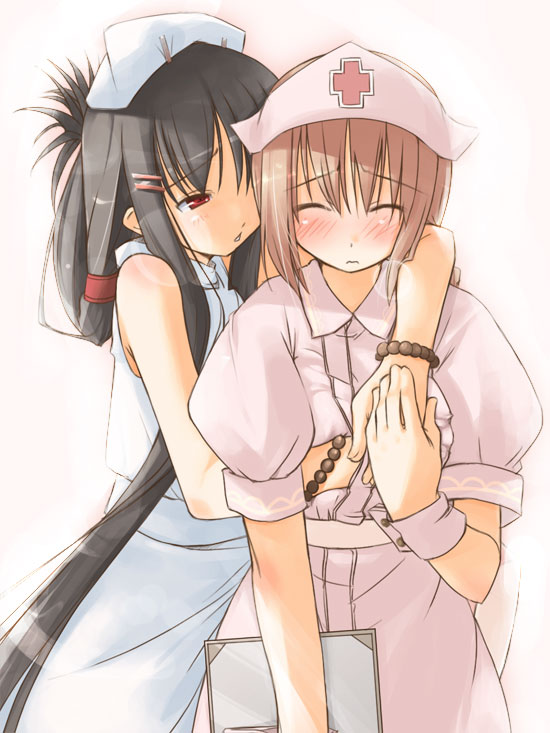 jirou (chekoro), original, 2girls, black hair, blush, bracelet, brown hair, closed eyes, cross, embarrassed, folded hair, hat, hug, hug from behind, jewelry, long hair, multiple girls, nurse, nurse cap, red cross, red eyes, short hair, very long hair, yuri