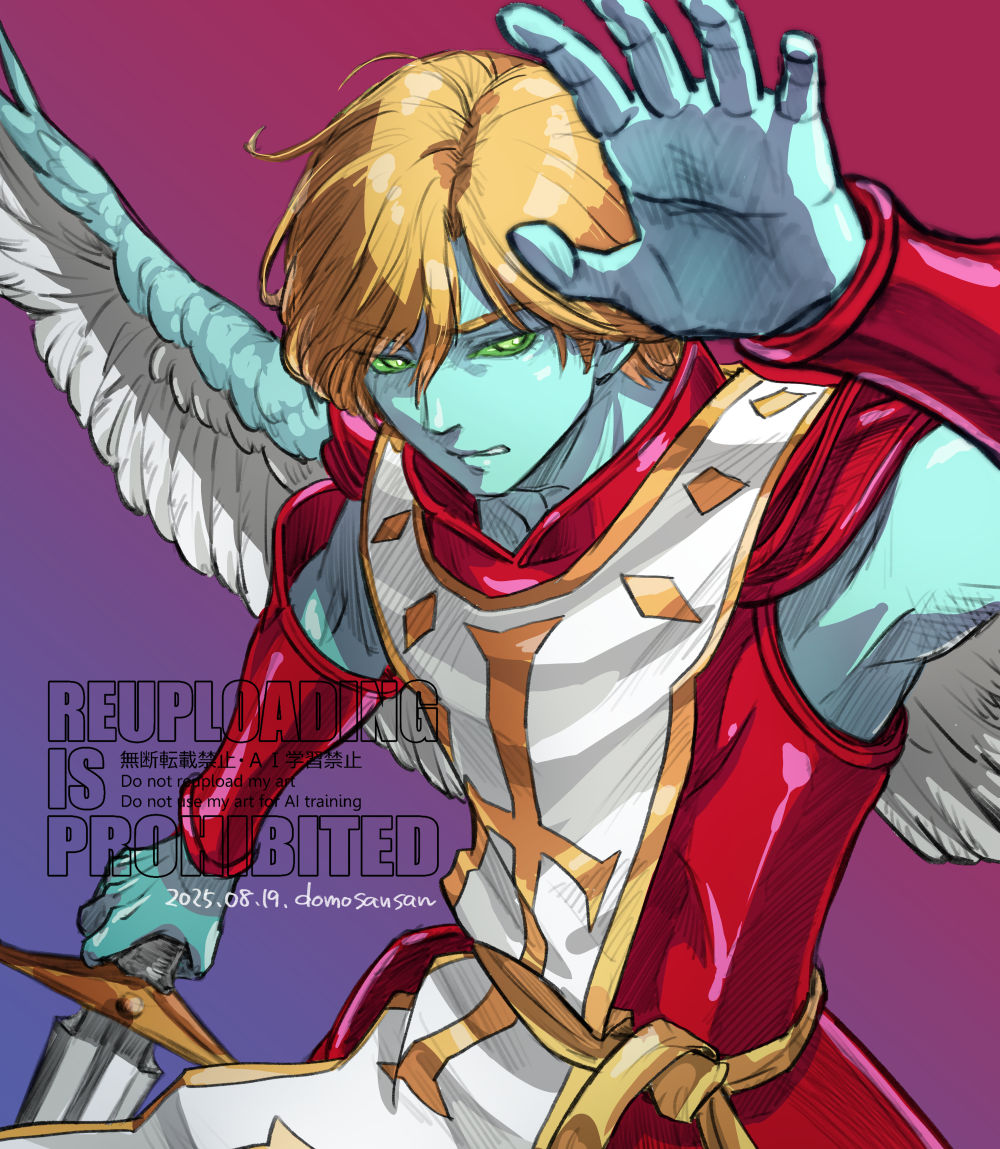 shinabita nasubi, uriel (megami tensei), shin megami tensei, commentary, symbol-only commentary, 1boy, angel, angel wings, armor, artist name, blonde hair, blue skin, colored skin, dated, demon (megami tensei), gradient background, green eyes, hair between eyes, holding, holding sword, holding weapon, male focus, medium hair, pink background, purple background, red armor, solo, sword, two-tone background, watermark, wavy hair, weapon, wings