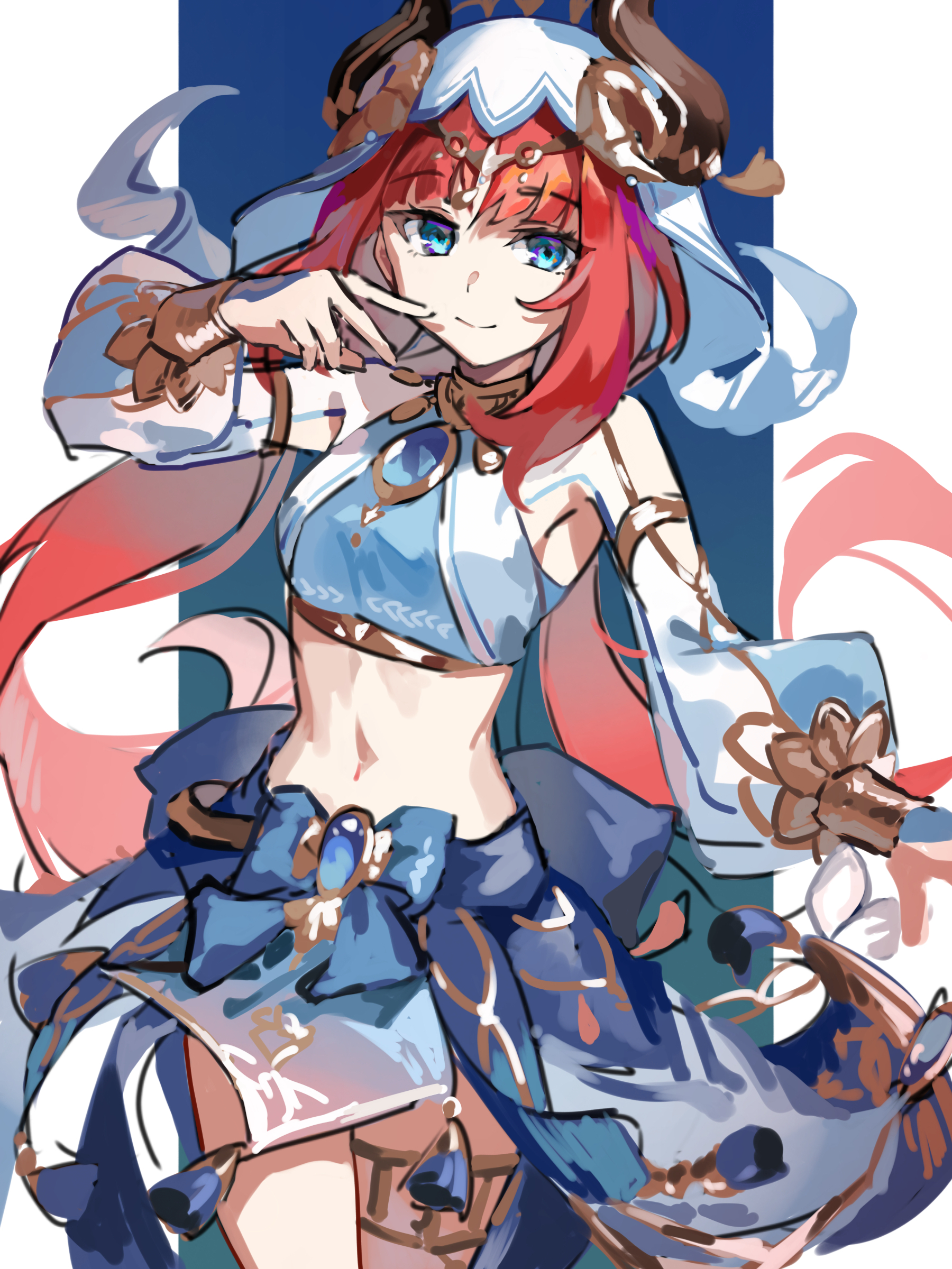 suiso sui, nilou (genshin impact), genshin impact, absurdres, commentary request, highres, 1girl, black horns, blue background, blue brooch, blue eyes, blue skirt, border, breasts, brooch, closed mouth, cowboy shot, crop top, fake horns, gold trim, hand up, harem outfit, horns, jewelry, long hair, long sleeves, looking at viewer, low twintails, midriff, navel, outside border, pillarboxed, puffy long sleeves, puffy sleeves, red hair, skirt, small breasts, smile, solo, thighlet, twintails, veil, white border, white veil