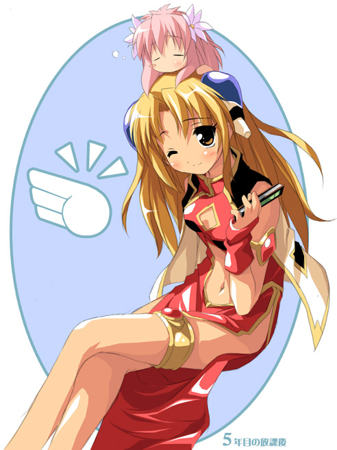 kantoku, milfeulle sakuraba, ranpha franboise, broccoli (company), galaxy angel, 00s, 2girls, armlet, bare shoulders, blonde hair, chibi, cleavage cutout, closed eyes, clothing cutout, crop top, crossed legs, dress, fingerless gloves, flower, gloves, hair flower, hair ornament, hand fan, jacket, jewelry, long hair, looking up, midriff, multiple girls, navel, on head, one eye closed, pelvic curtain, pink hair, red dress, side slit, sitting, sleepy, sleeveless, thigh strap, thighlet, very long hair