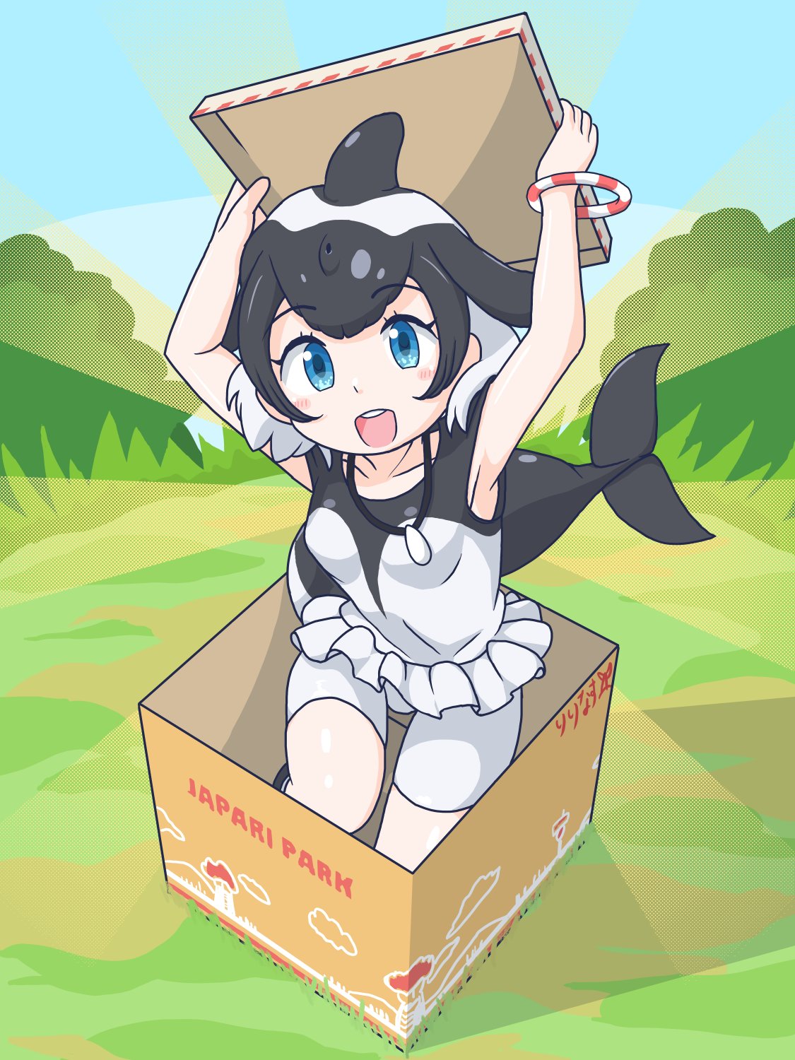 ririnasoon, commerson's dolphin (kemono friends), kemono friends, kemono friends 3, highres, 1girl, bare shoulders, black hair, black one-piece swimsuit, blowhole, blue eyes, blush, box, bracelet, cetacean tail, collarbone, dolphin girl, dorsal fin, fins, fish tail, frilled one-piece swimsuit, frills, hair between eyes, head fins, jewelry, looking at viewer, multicolored hair, necklace, one-piece swimsuit, open mouth, shell, shell necklace, short hair, sidelocks, sleeveless, smile, solo, swimsuit, tail, two-tone hair, two-tone one-piece swimsuit, white hair, white one-piece swimsuit