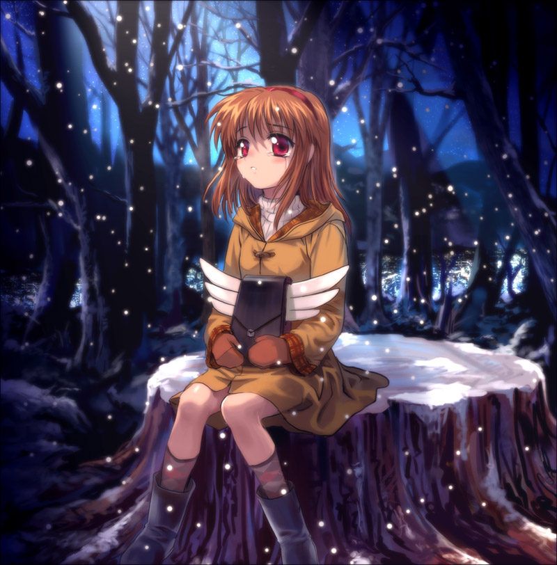 mutsuki (moonknives), tsukimiya ayu, kanon, key (company), 1girl, backpack, bag, boots, brown hair, coat, female focus, forest, hairband, nature, night, randoseru, red eyes, sitting, snow, snowing, solo, tears, tree, tree stump, wings