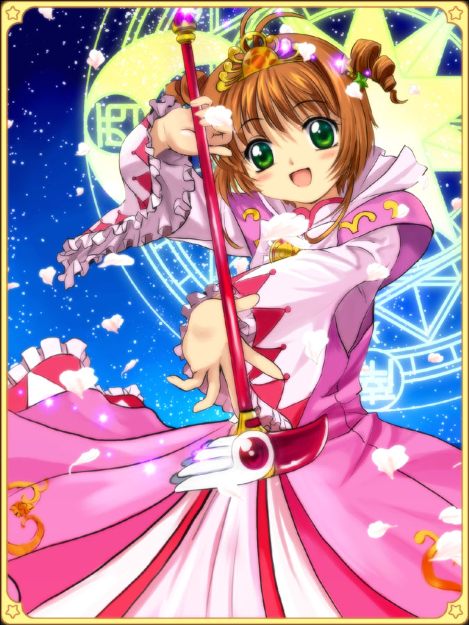 mutsuki (moonknives), fine (futagohime), kinomoto sakura, cardcaptor sakura, fushigiboshi no futago hime, kodansha, shogakukan, 1girl, :d, child, cosplay, crossover, crown, drill hair, female focus, fine (cosplay), fuuin no tsue, green eyes, magic circle, open mouth, parody, petals, short hair, smile, solo, tiara, twin drills, twintails, two side up, wand