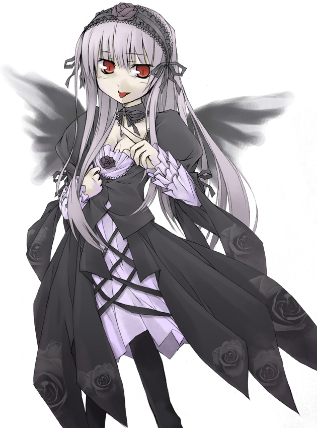 nu (plastic eraser), suigintou, rozen maiden, silver hair, 00s, 1girl, breasts, cleavage, female focus, medium breasts, pale skin, red eyes, saliva, solo, tongue, wings