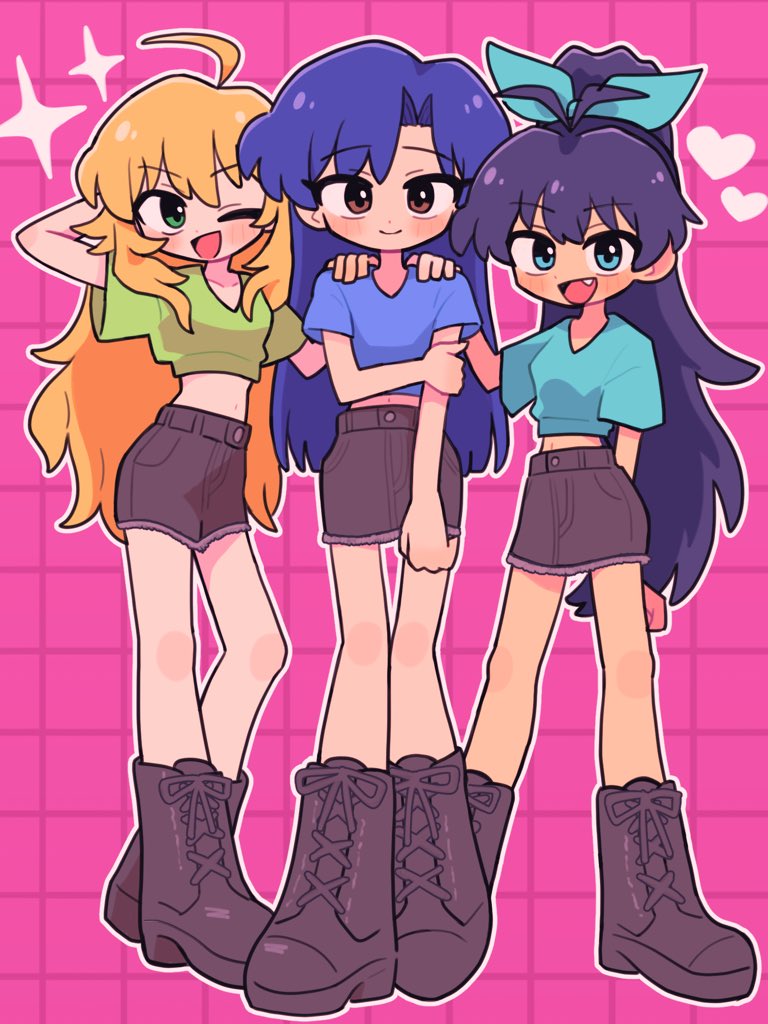 fis (t83192933), ganaha hibiki, hoshii miki, kisaragi chihaya, idolmaster, idolmaster (classic), 3girls, ahoge, antenna hair, black hair, blonde hair, blue eyes, blue hair, blue shirt, blush, boots, brown eyes, closed mouth, deformed, fang, full body, green eyes, green shirt, grid background, hand on another's shoulder, hand on own arm, heart, lace-up boots, long hair, midriff, multiple girls, navel, one eye closed, open mouth, outline, pink background, ponytail, shirt, side-by-side, skirt, smile, sparkle, standing, white outline