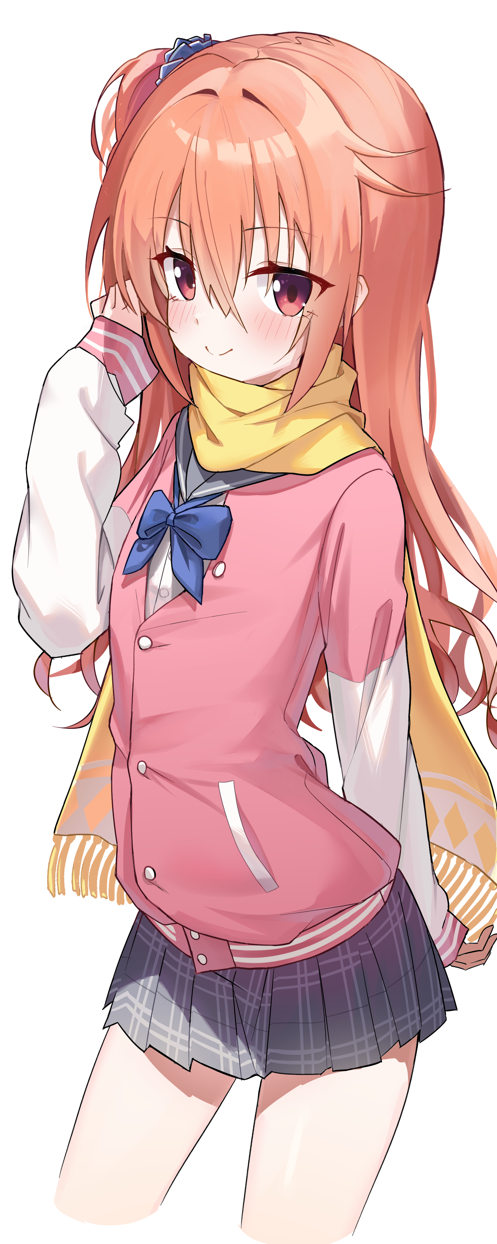 lcz, inaba meguru, sanoba witch, absurdres, commentary, highres, symbol-only commentary, 1girl, arm behind back, blue bow, blue bowtie, blue scrunchie, blush, bow, bowtie, closed mouth, cowboy shot, eyes visible through hair, fringe trim, grey sailor collar, grey skirt, hair between eyes, hair intakes, hair ornament, hair scrunchie, hand up, jacket, letterman jacket, long hair, long scarf, looking at viewer, miniskirt, one side up, orange hair, pink jacket, plaid clothes, plaid skirt, pleated skirt, red eyes, sailor collar, scarf, school uniform, scrunchie, serafuku, simple background, skirt, sleeves past wrists, smile, solo, split mouth, white background, white sleeves, yellow scarf