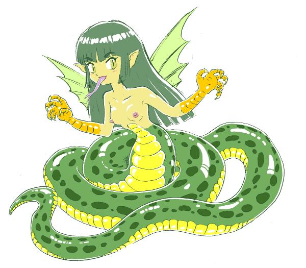 pukao, original, 1girl, breasts, claws, colored skin, female focus, green eyes, green hair, green skin, lamia, long tongue, matching hair/eyes, monster girl, nipples, pointy ears, scales, simple background, small breasts, solo, tongue, wings
