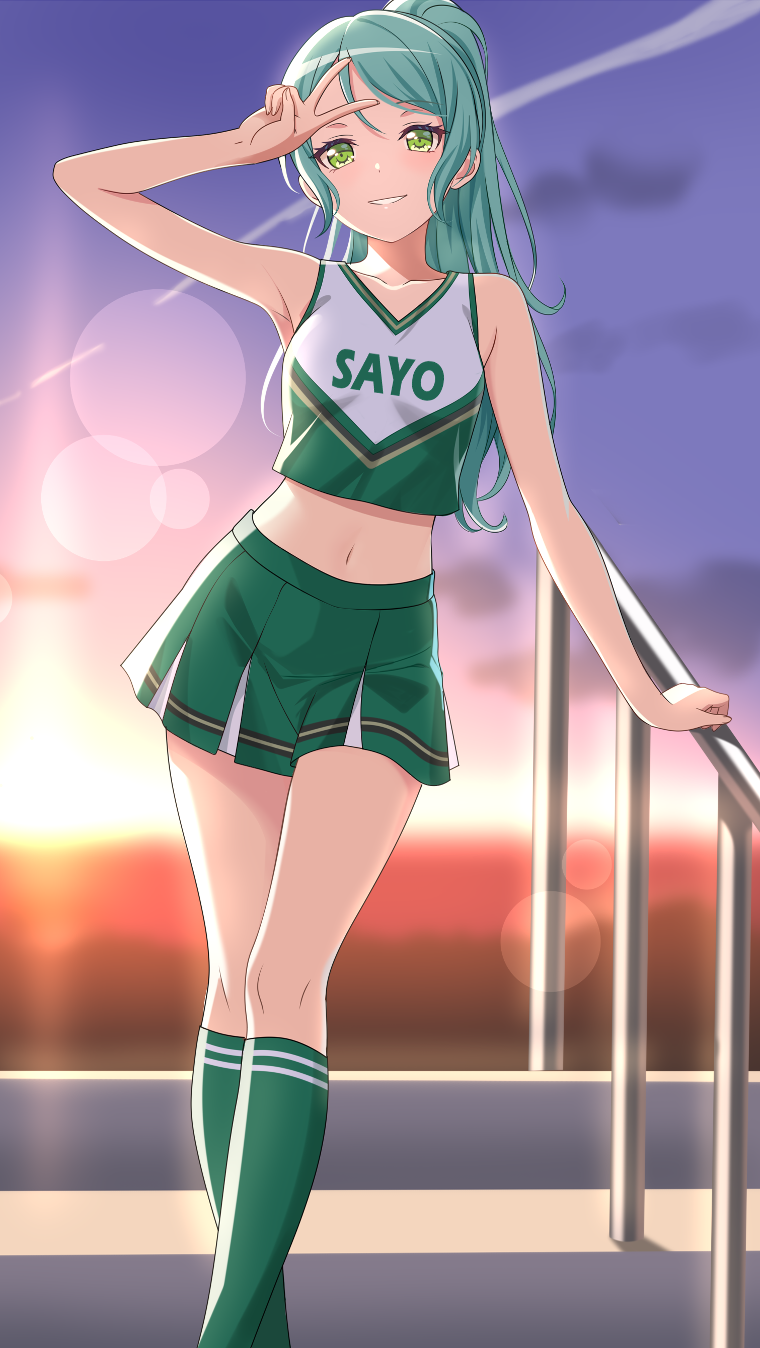 fries vanquisher, hikawa sayo, bang dream!, absurdres, commentary, commission, english commentary, highres, pixiv commission, 1girl, aqua hair, arm up, blurry, blurry background, bokeh, cheerleader, crop top, depth of field, green eyes, green skirt, green socks, kneehighs, long hair, midriff, navel, open mouth, pleated skirt, ponytail, railing, skirt, sleeveless, socks, solo, standing, v