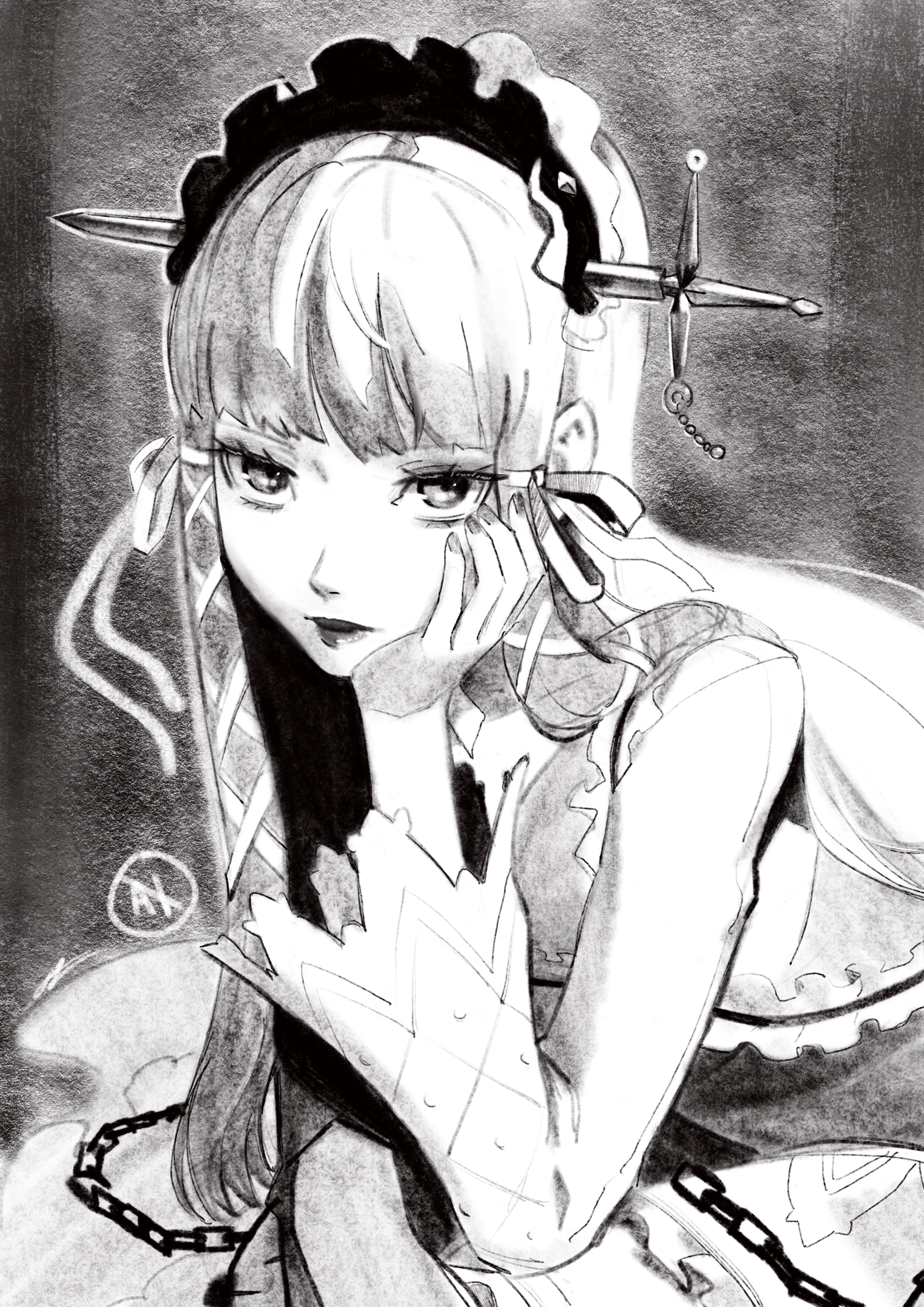 eightyfourart, yoshino chidori, persona, persona 3, absurdres, commentary, highres, 1girl, chain, closed mouth, eyelashes, grey background, greyscale, hair ornament, lolita fashion, long hair, looking at viewer, monochrome, solo, x hair ornament