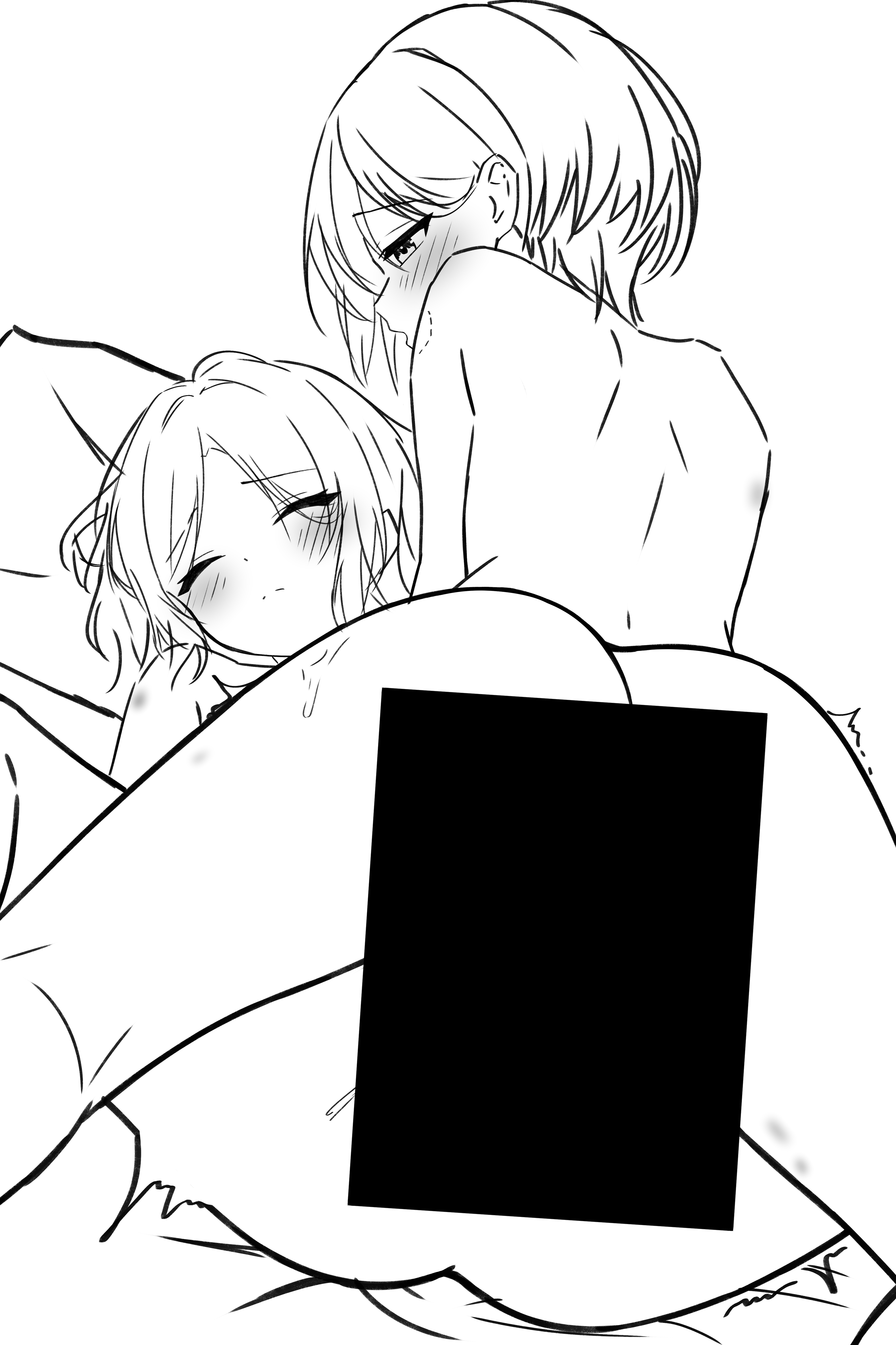 setsuna 0430, ebizuka tomo, rupa (girls band cry), girls band cry, absurdres, chinese commentary, commentary request, highres, 2girls, ass, bite mark, bite mark on shoulder, blush, censored, closed eyes, closed mouth, greyscale, monochrome, multiple girls, short hair, yuri