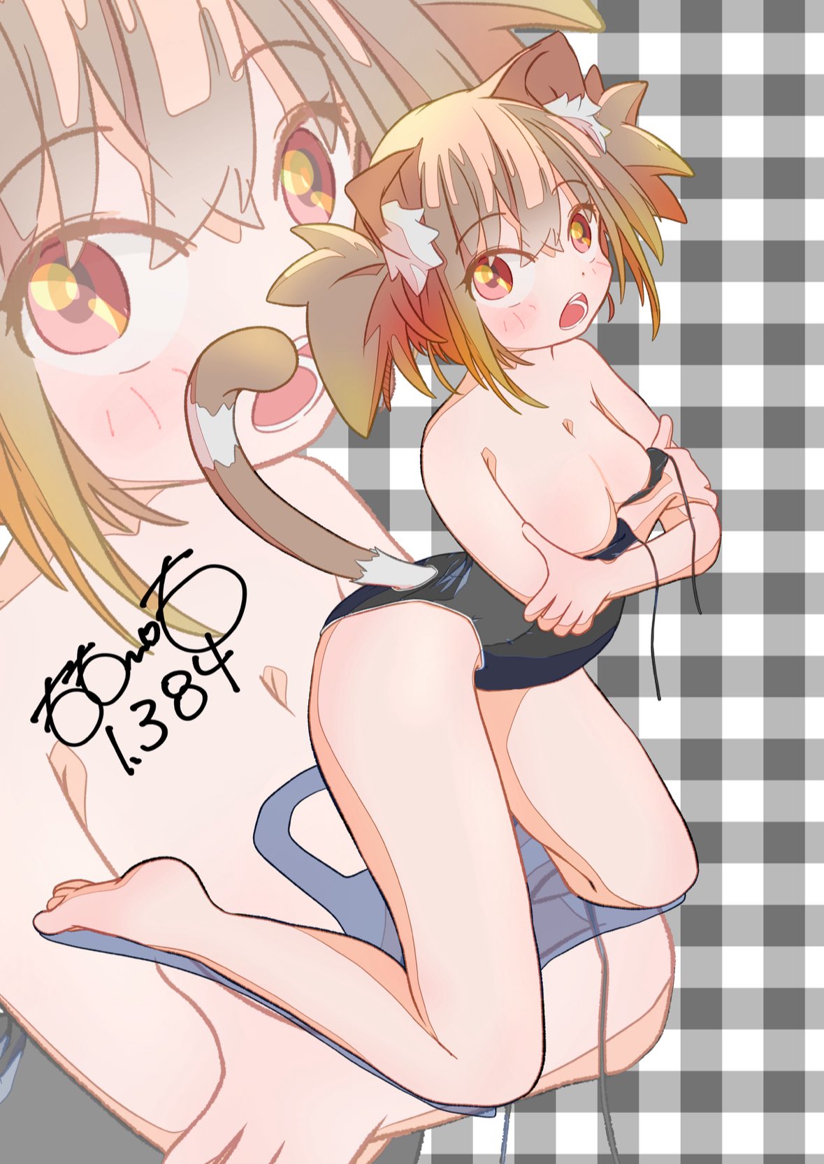 totomoto, original, highres, 1girl, :o, animal ear fluff, animal ears, artist name, black one-piece swimsuit, blush, breasts, brown hair, cleavage, clothes pull, embarrassed, full body, kneeling, large breasts, looking at viewer, multicolored eyes, one-piece swimsuit, one-piece swimsuit pull, open mouth, pink eyes, plaid background, red eyes, short hair, signature, simple background, swimsuit, twintails, zoom layer