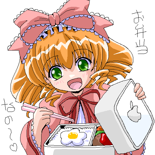 hinaichigo, apple inc., rozen maiden, lowres, 00s, 1girl, bento, blonde hair, bow, chopsticks, female focus, food, macmini, oekaki, pink bow, solo