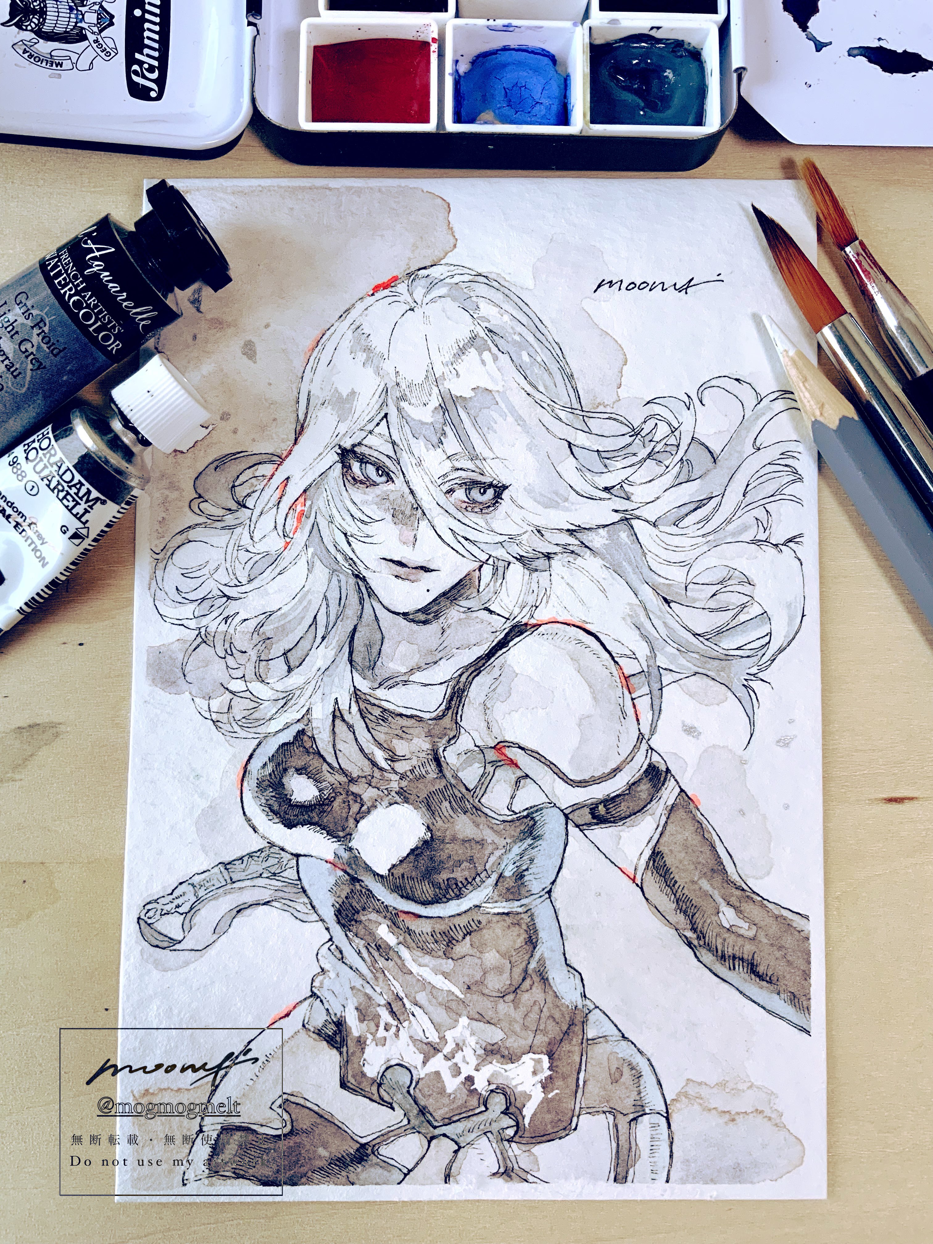 moony (mogmogmelt), a2 (nier:automata), nier:automata, nier (series), absurdres, highres, photo (medium), traditional media, 1girl, android, art tools in frame, artist name, breasts, closed mouth, eyelashes, floating hair, hair between eyes, long hair, medium breasts, mole, mole under mouth, signature, solo, twitter username, watermark, wavy hair, white hair