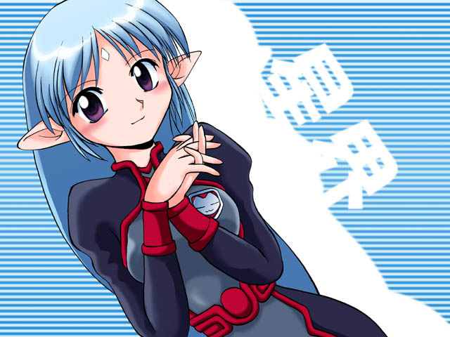 lafiel, seikai no senki, 1girl, belt, black bodysuit, blue background, blue hair, bodysuit, bush, dutch angle, facepaint, facial mark, female focus, forehead mark, long hair, looking at viewer, pointy ears, purple eyes, simple background, skin tight, smile, solo, striped background, very long hair