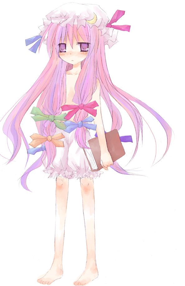 patchouli knowledge, touhou, 1girl, book, bow, female focus, hair censor, hat, long hair, pink bow, purple eyes, purple hair, simple background, solo, topless female, white background