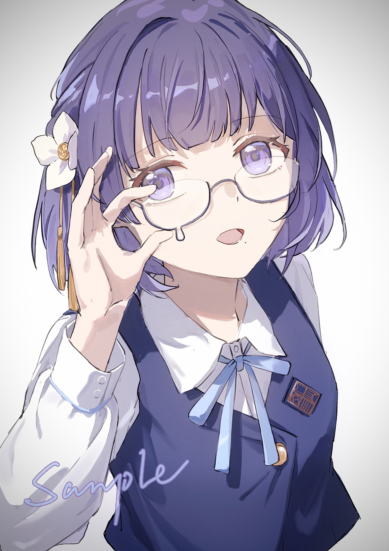 kafuuchino (chouti), hataya misuzu, gakuen idolmaster, idolmaster, commentary, highres, 1girl, blue ribbon, blue vest, flower, glasses, hair flower, hair ornament, neck ribbon, open mouth, purple eyes, purple hair, ribbon, semi-rimless eyewear, shirt, short hair, simple background, solo, under-rim eyewear, vest, white background, white shirt