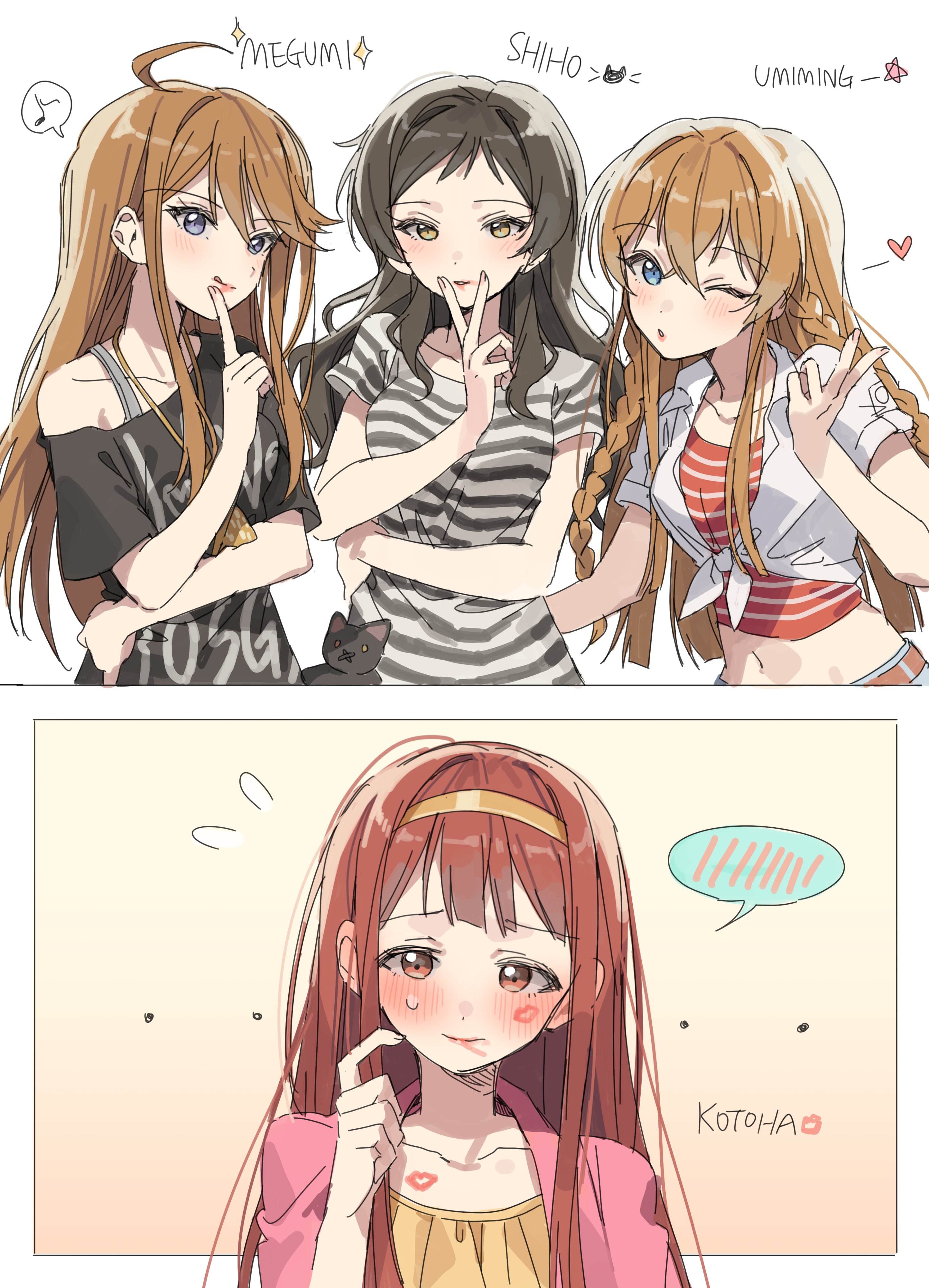hano9789, kitazawa shiho, kousaka umi, tanaka kotoha, tokoro megumi, idolmaster, idolmaster million live!, absurdres, highres, 4girls, ahoge, black shirt, blue eyes, blush, braid, brown eyes, brown hair, character name, flying sweatdrops, hairband, hand up, index finger raised, lipstick, lipstick mark, lipstick mark on face, long hair, makeup, multiple girls, musical note, one eye closed, red eyes, red hair, shirt, short sleeves, sparkle, speech bubble, spoken musical note, striped clothes, striped shirt, twin braids, v, yellow hairband, yuri